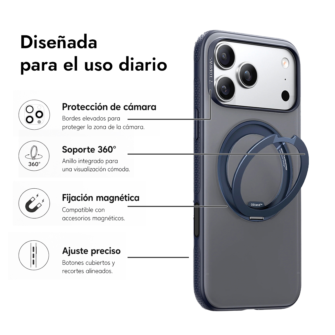 Funda gris con anillo y protección de cámara para iPhone.