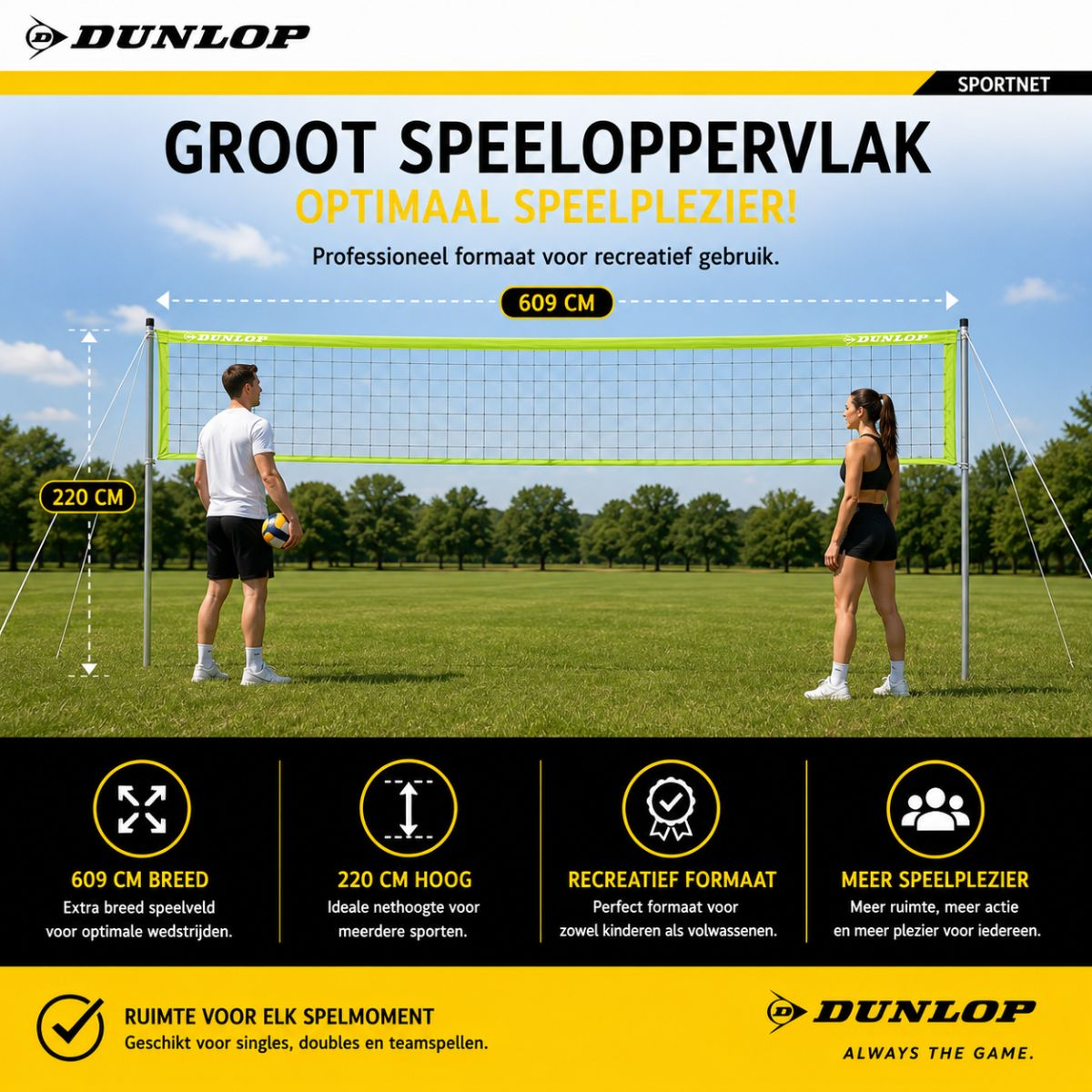A man and a woman stand at a volleyball net on a lawn. The net is 609 cm wide and 220 cm high.