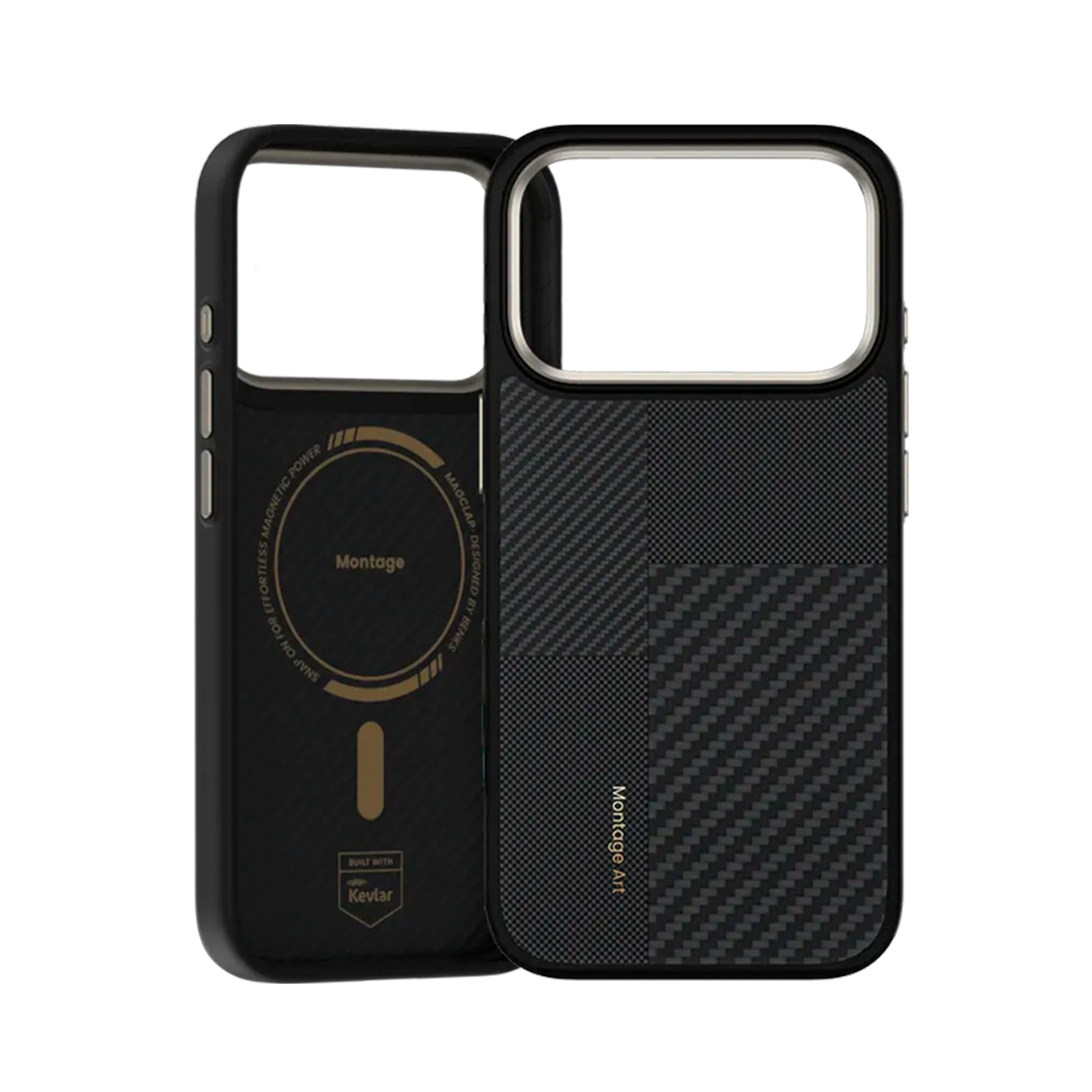 Dos fundas de teléfono negras una al lado de la otra. Una tiene un logo circular y texto Kevlar, la otra un patrón a cuadros.