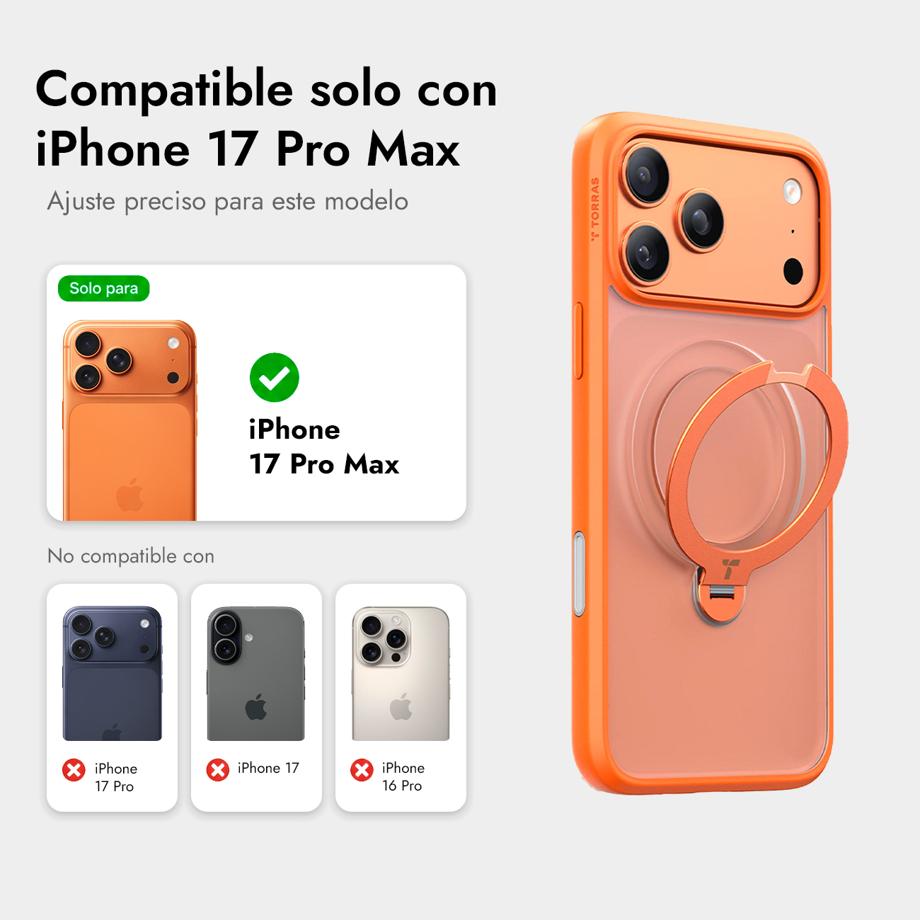 Funda naranja para iPhone 17 Pro Max con anillo. Compatible solo con iPhone 17 Pro Max.
