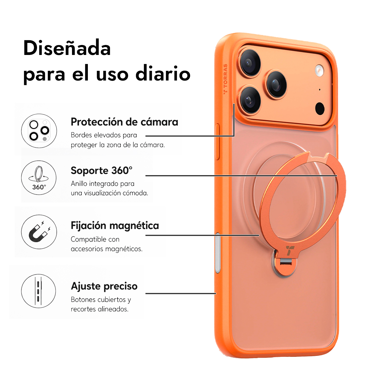 Funda naranja para teléfono con soporte de anillo, protección de cámara, soporte 360° y fijación magnética.