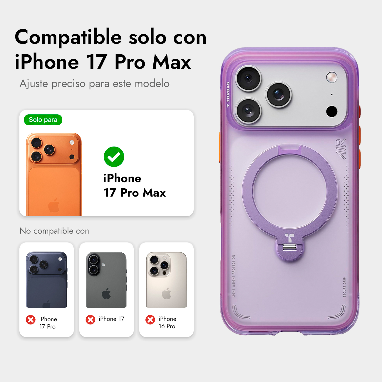 Funda morada para iPhone con anillo, compatible con iPhone 17 Pro Max.