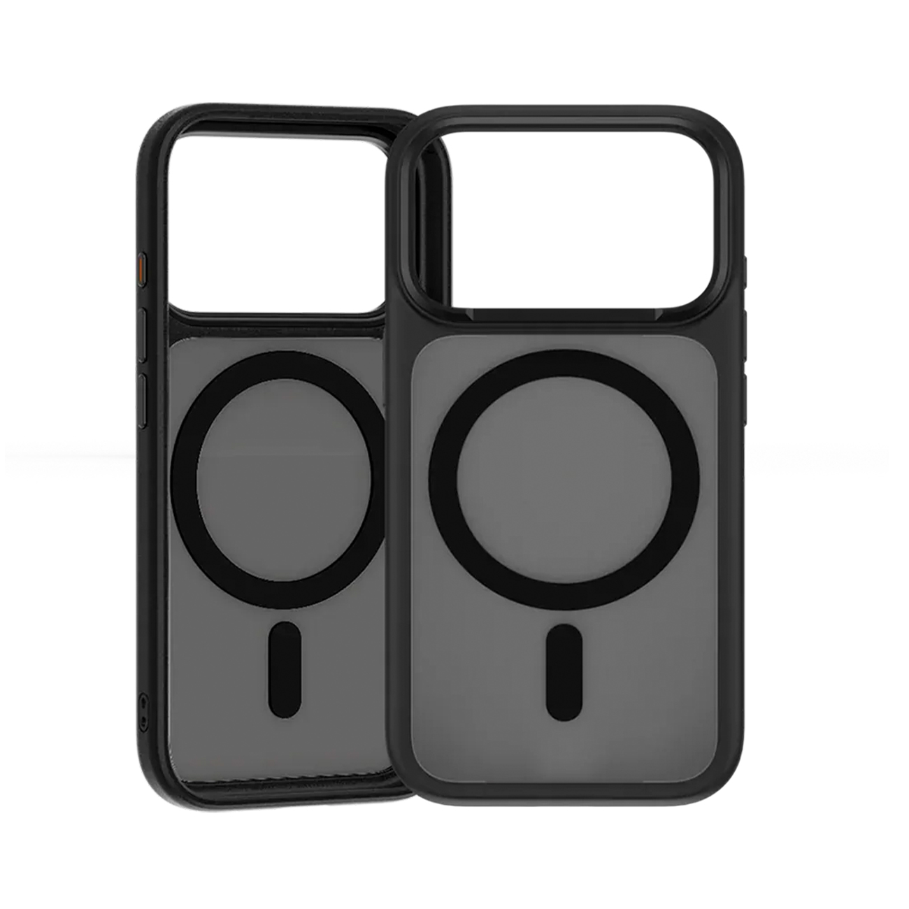 Dos fundas de teléfono negras con patrón de círculo y línea magnéticos sobre fondo blanco.