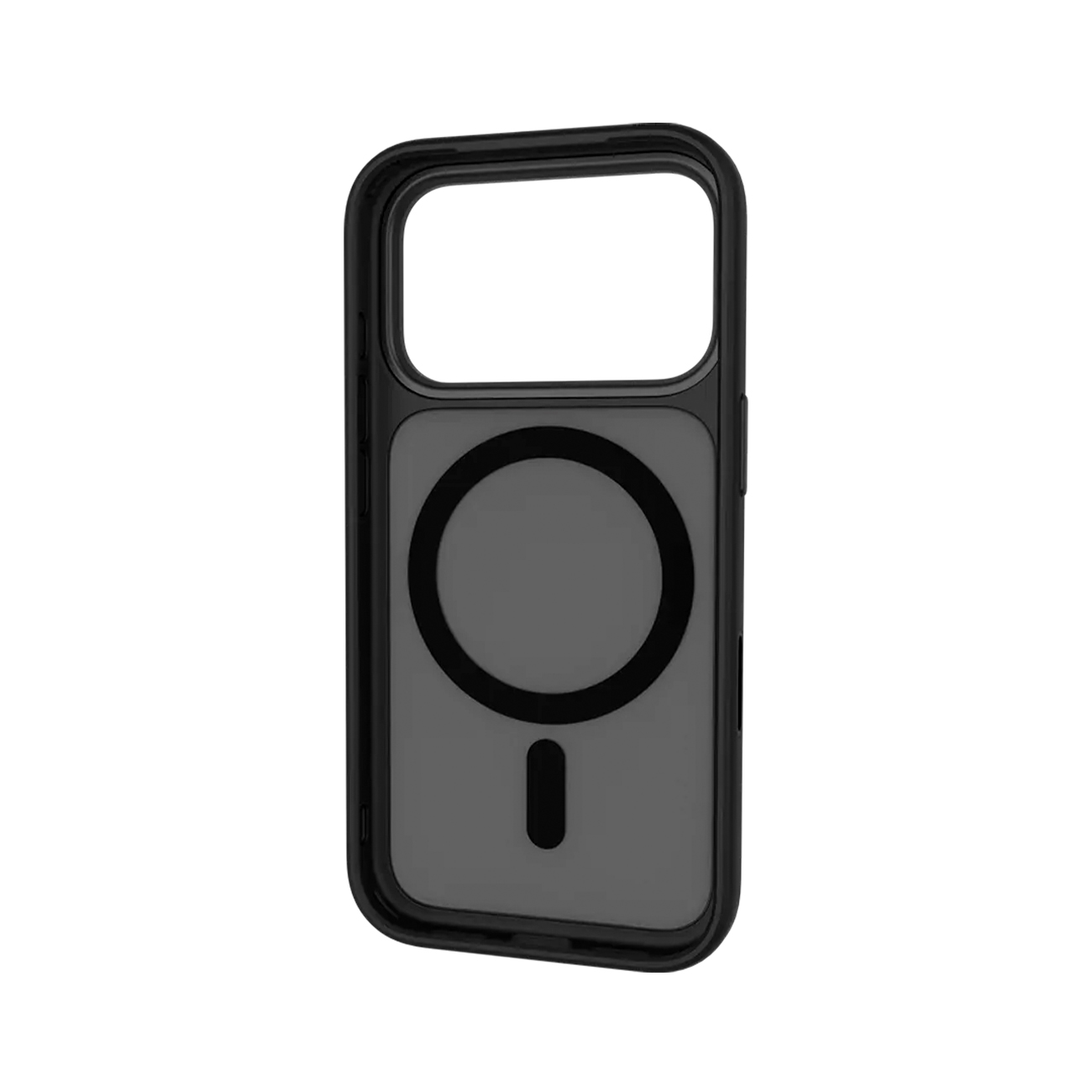 Funda de teléfono negra con círculo magnético y patrón de línea, sobre fondo blanco.