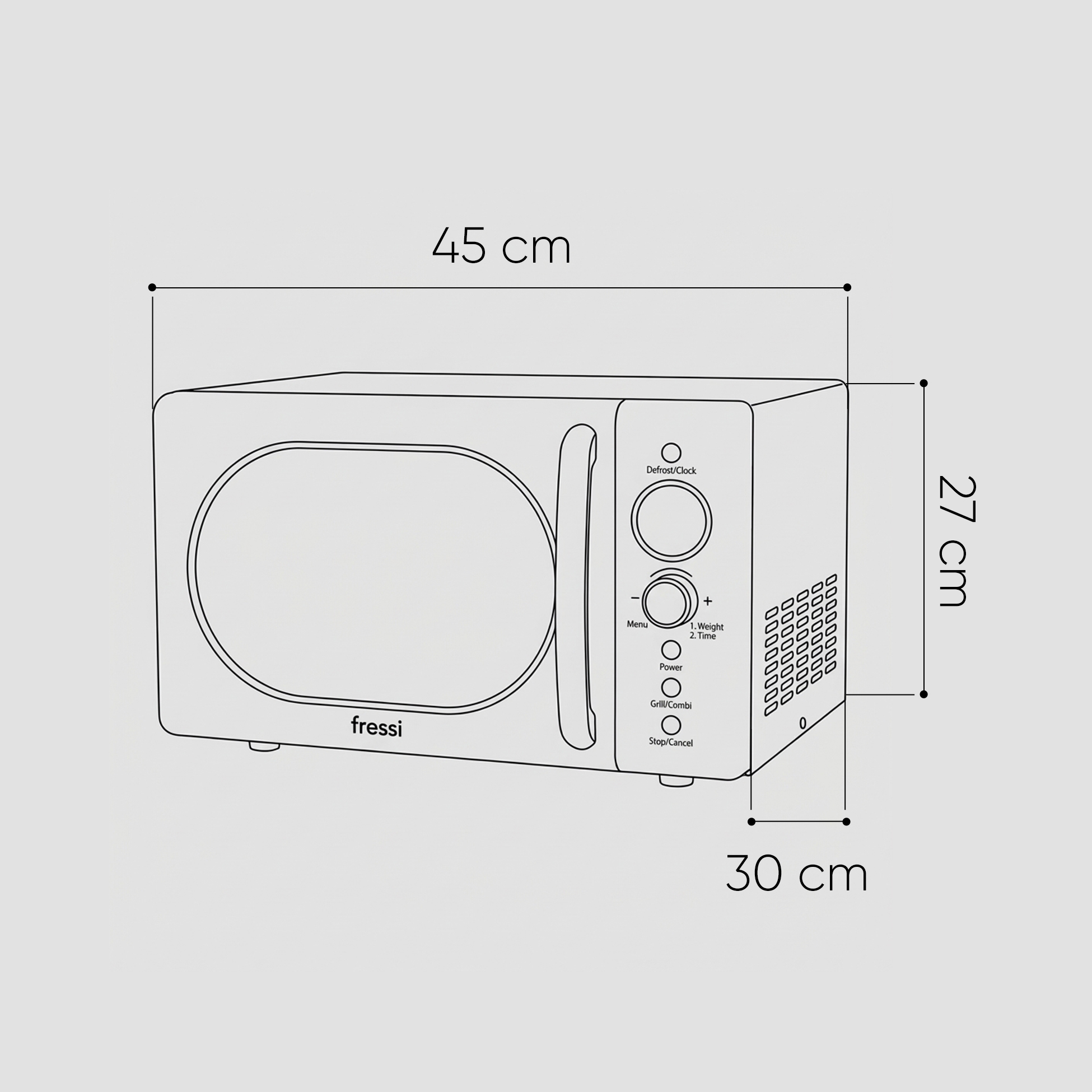 45 cm, 30 cm ve 27 cm boyutlarında bir mikrodalga fırının çizgi çizimi.