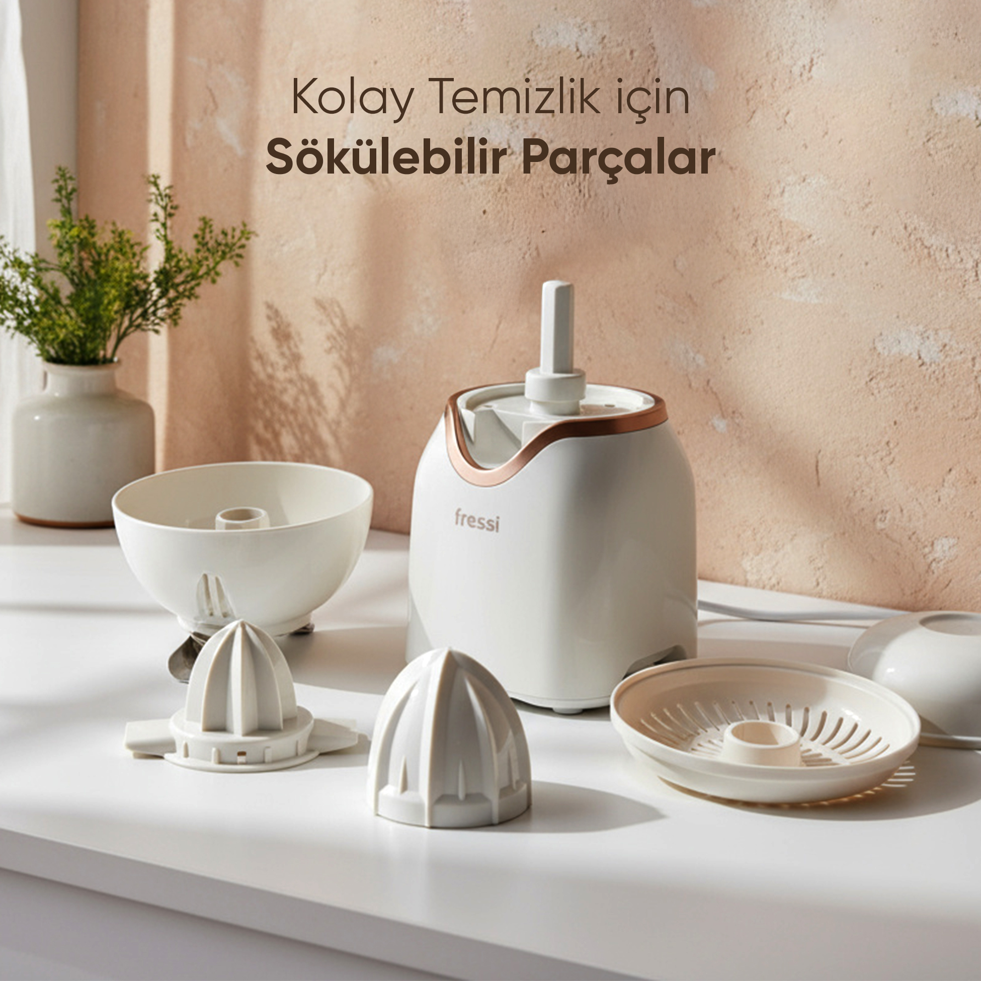 Narenciye sıkacakları, haznesi ve bitkili vazosuyla beyaz narenciye sıkacağı.