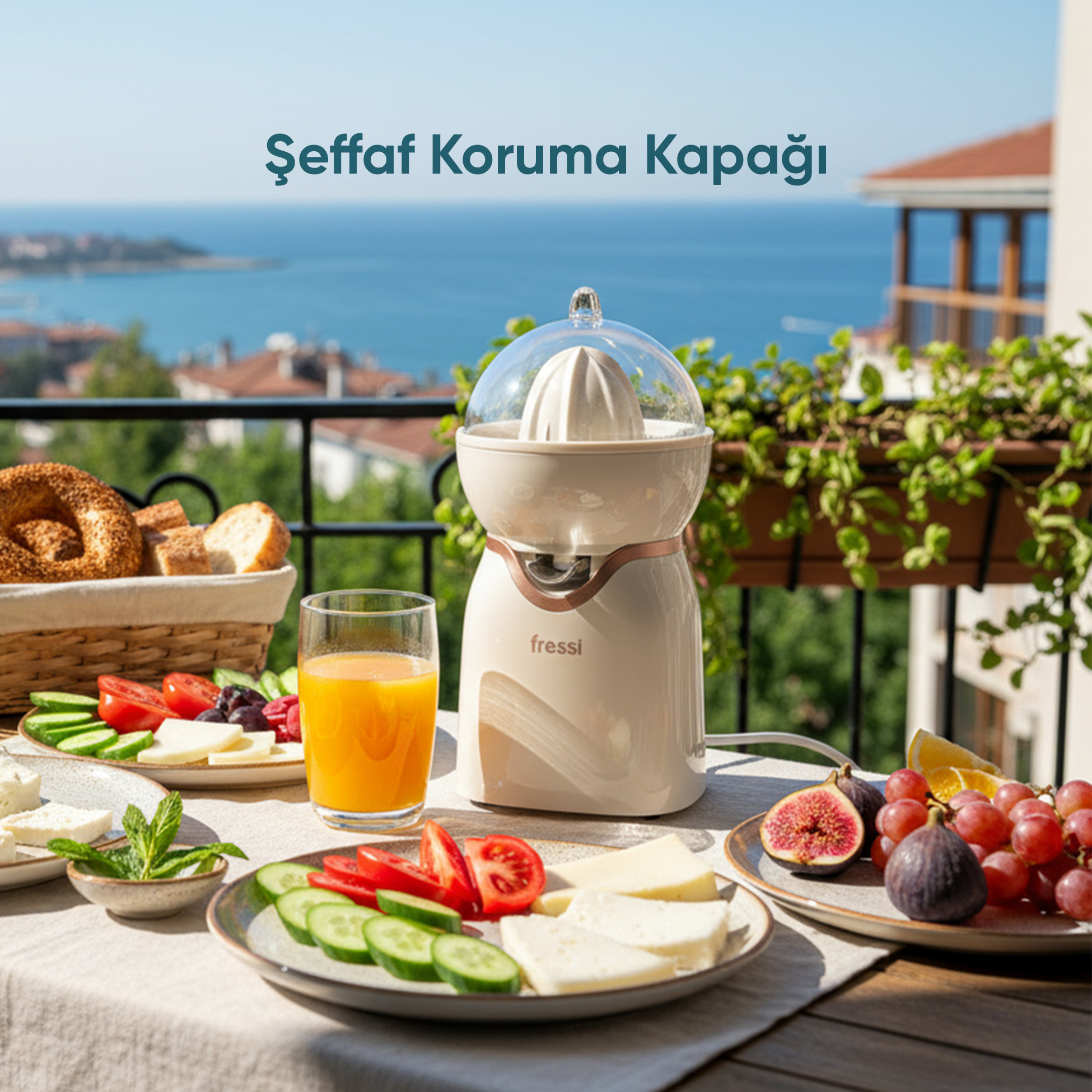 Portakal suyu, meyve, peynir, ekmek ve narenciye sıkacağı ile kahvaltı masası.