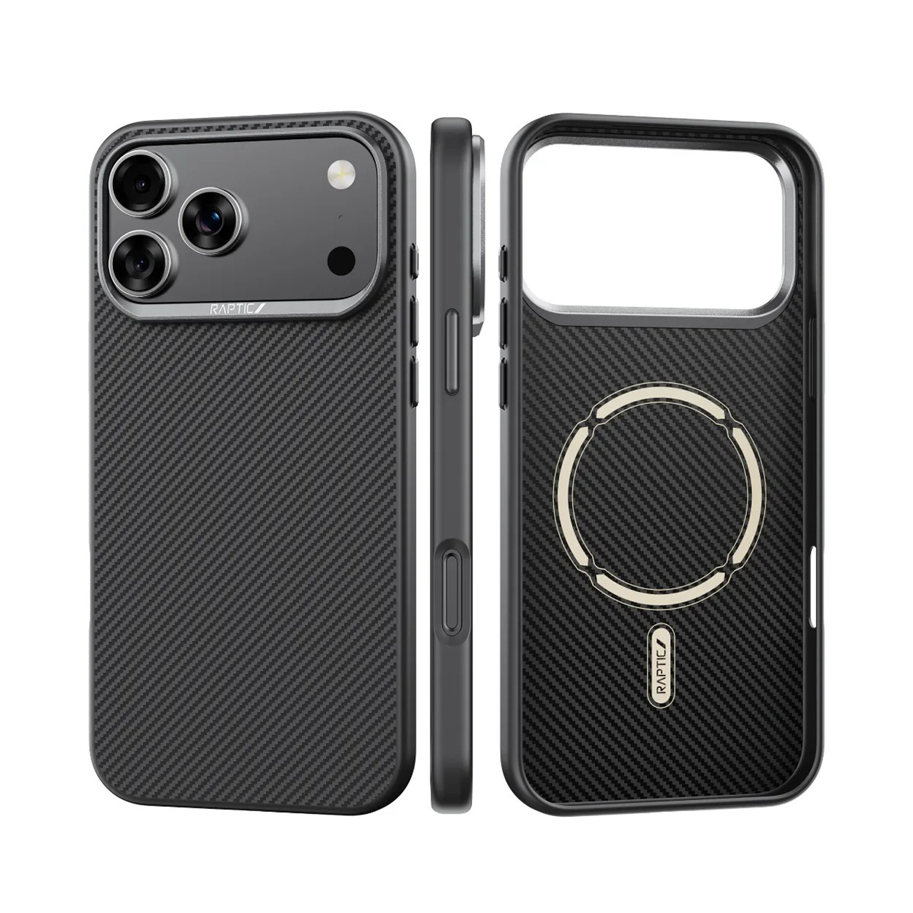 Funda negra para teléfono con patrón de fibra de carbono y anillo magnético.