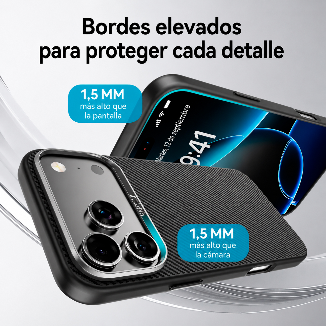 Funda negra para teléfono con cámara y pantalla, 1,5 mm más alta que la cámara.