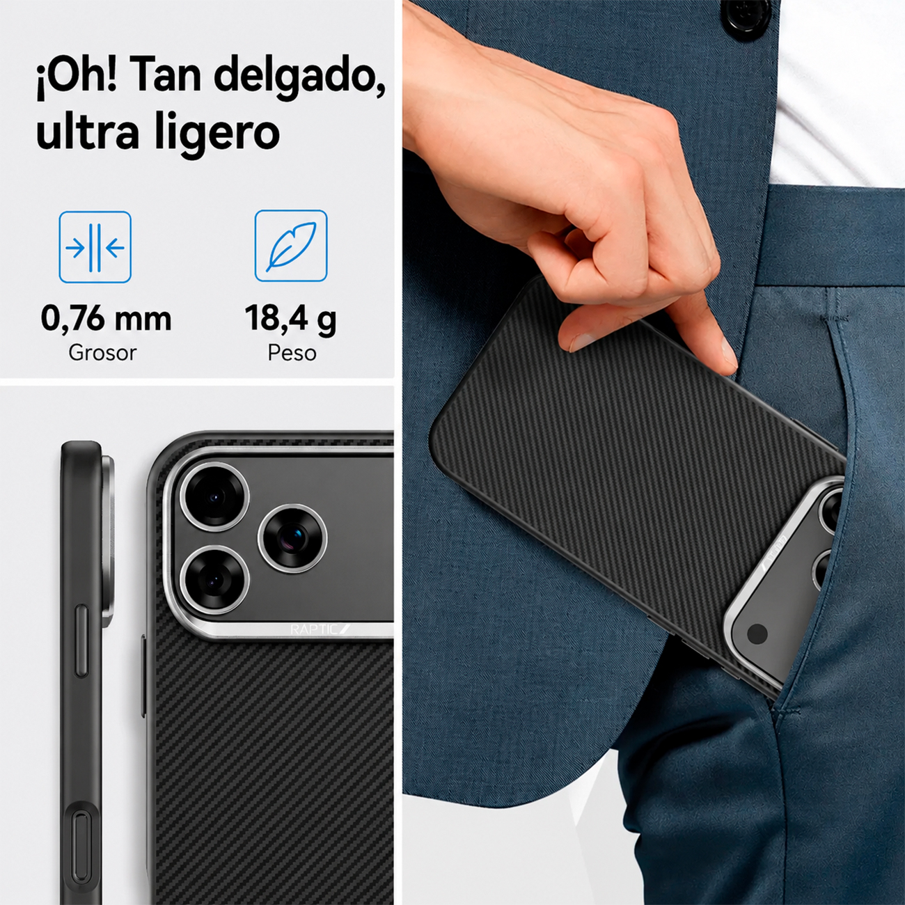 Funda negra de teléfono con patrón de carbono se guarda en un bolsillo. Delgado y ligero.