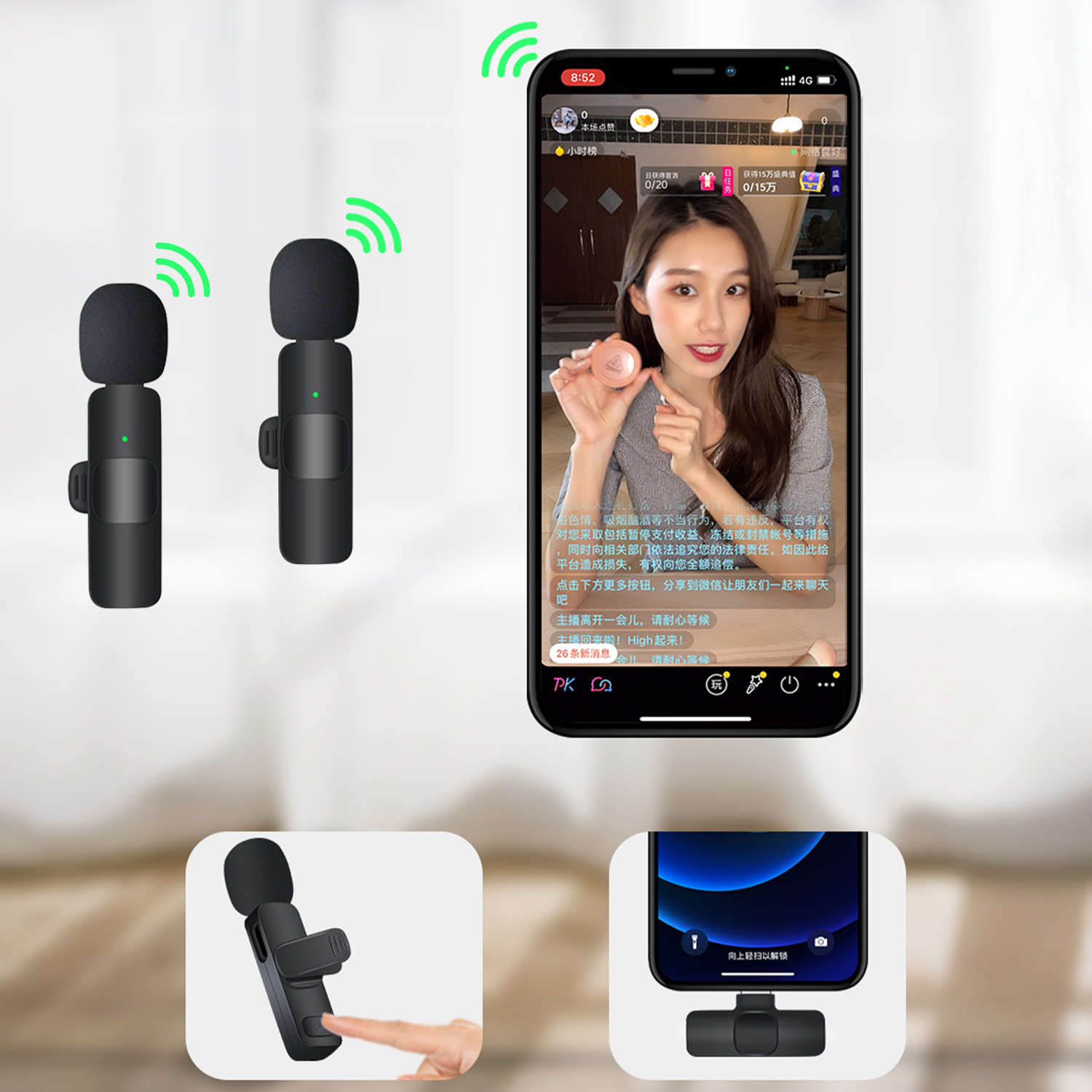 Dos micrófonos negros con iconos de ondas verdes, un smartphone muestra a una mujer.