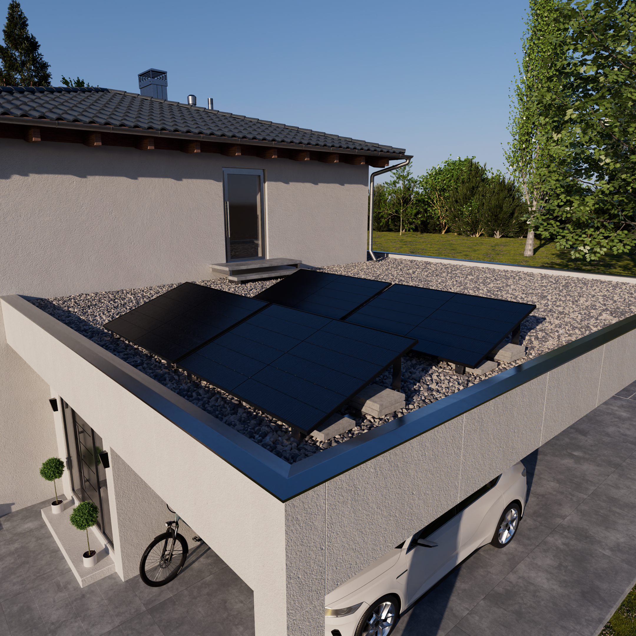 Moderne Hausfassade mit Solarmodulen auf einem Kiesdach, weißem Auto und Fahrrad.