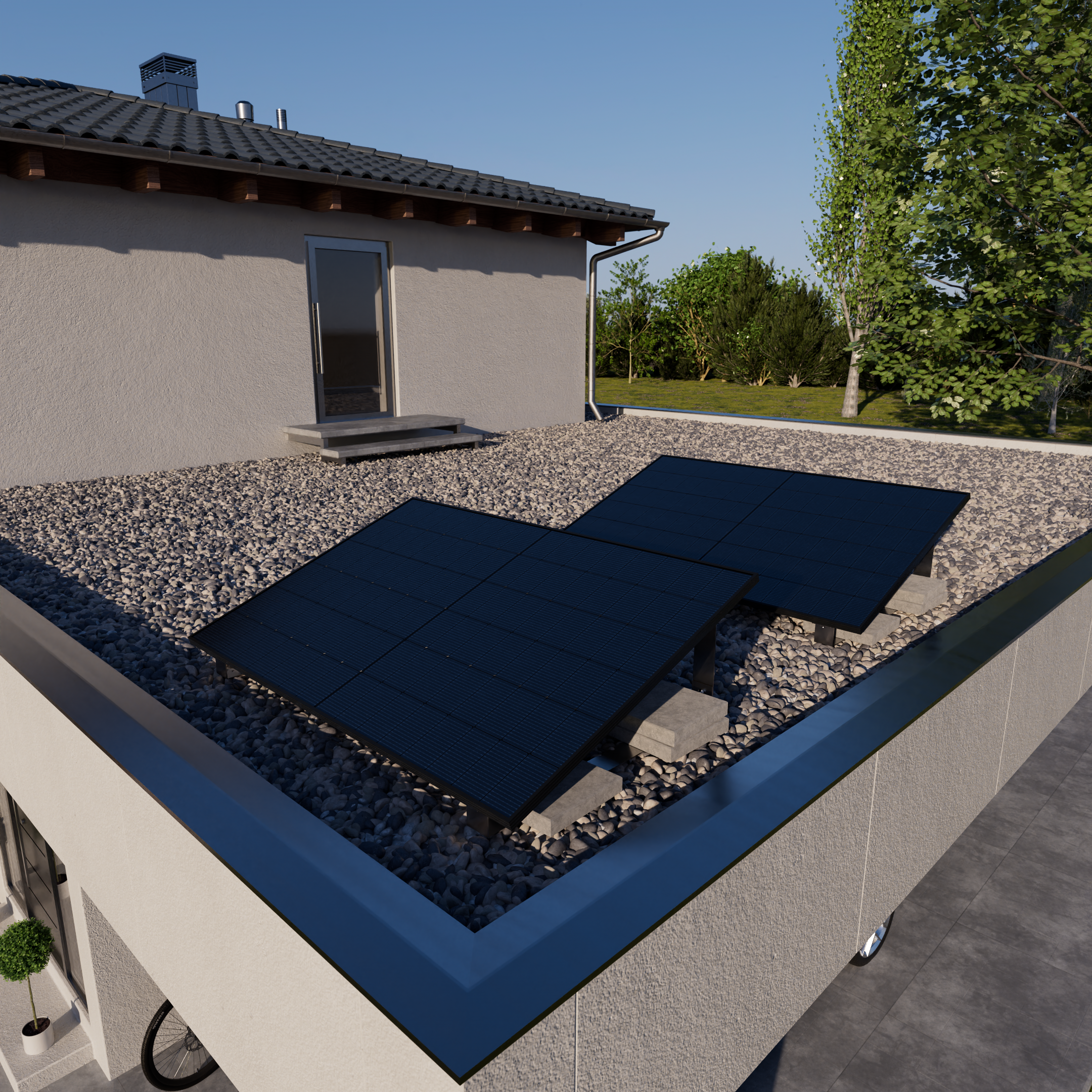 Dach mit Solarmodulen, Kies und Bäumen unter blauem Himmel.