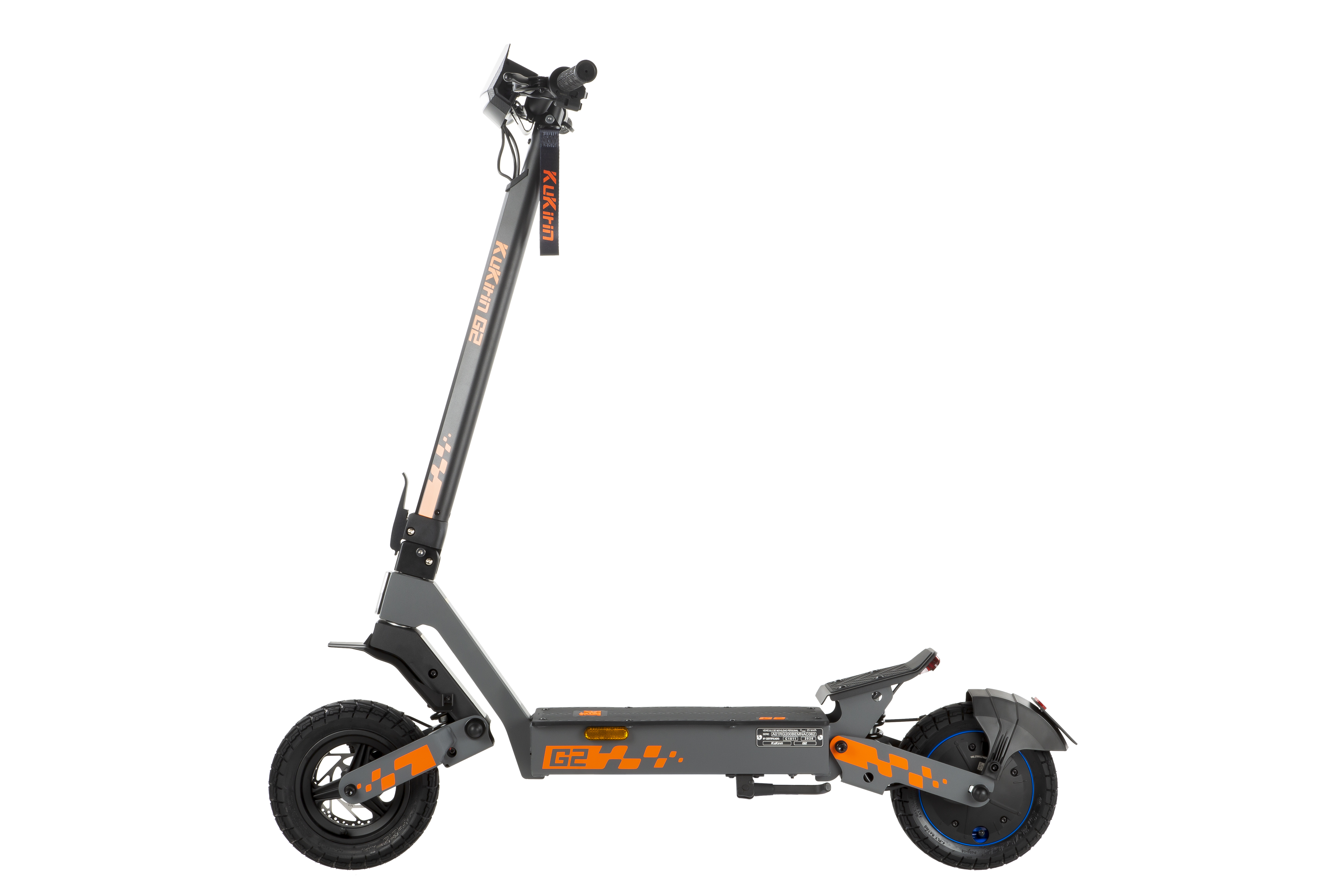 Un patinete eléctrico gris con detalles naranjas y marca KUKIRIN G2.