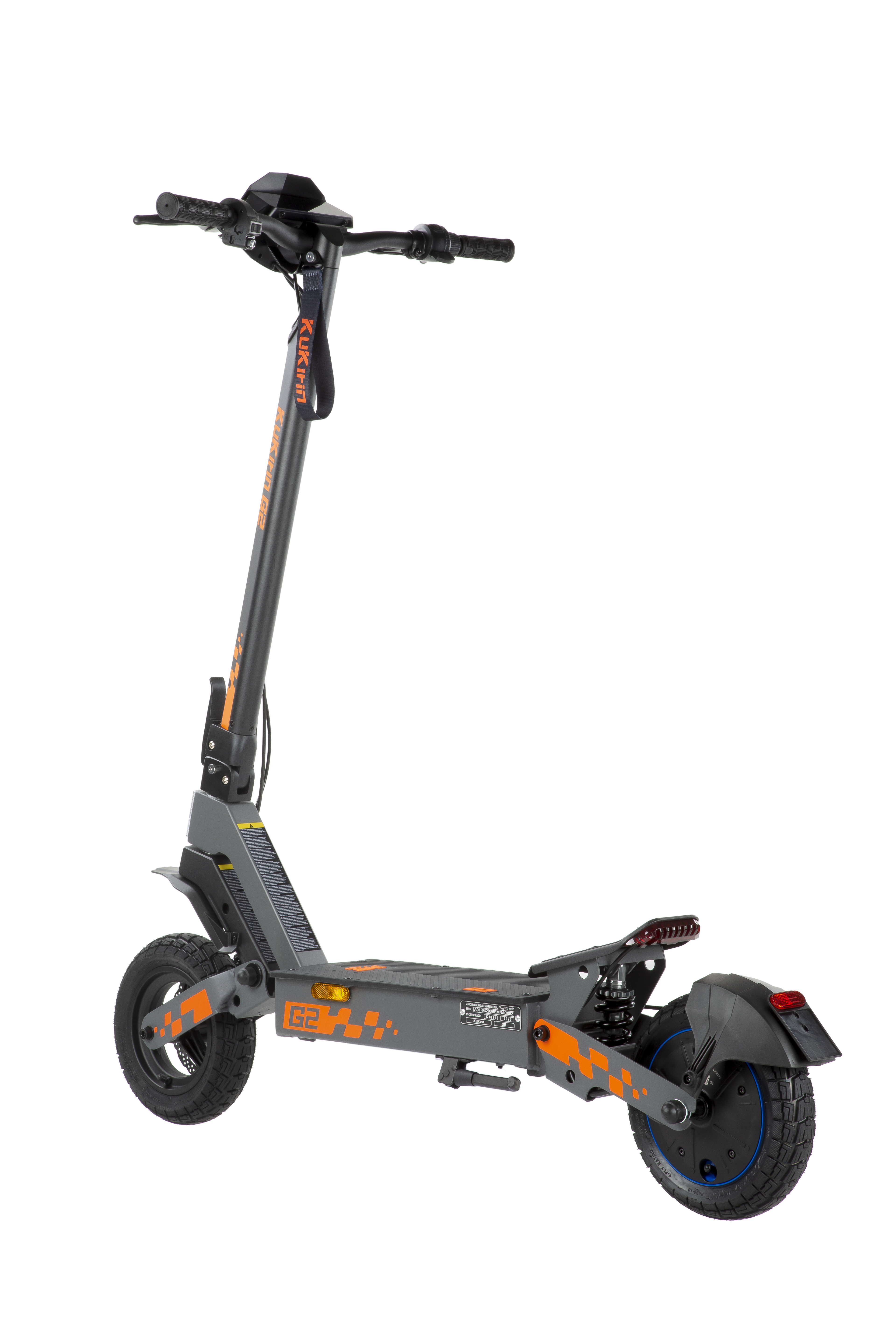 Un patinete eléctrico gris con detalles y letras naranjas.