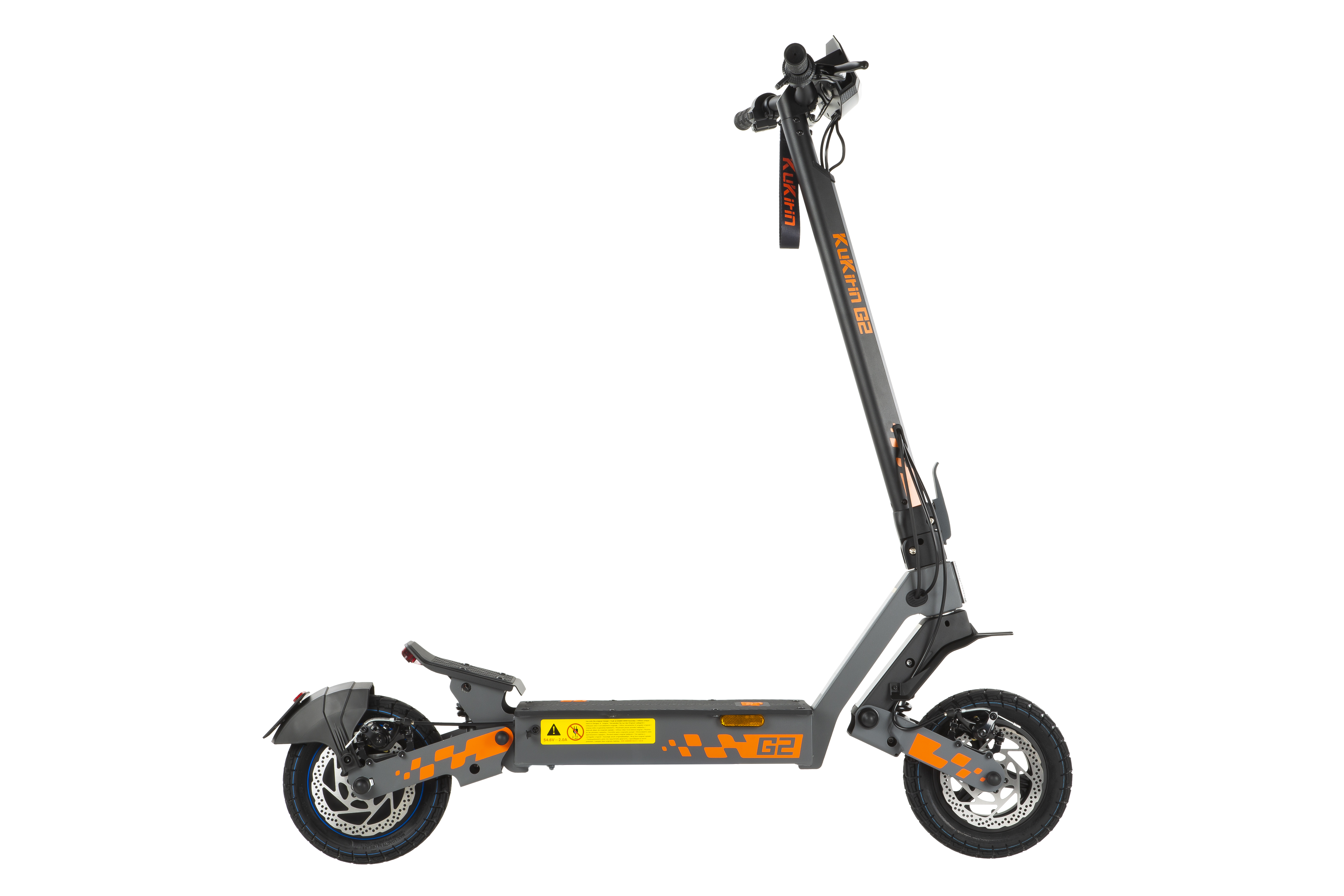 Un patinete eléctrico gris con detalles naranjas y la marca KUKIRIN G2.