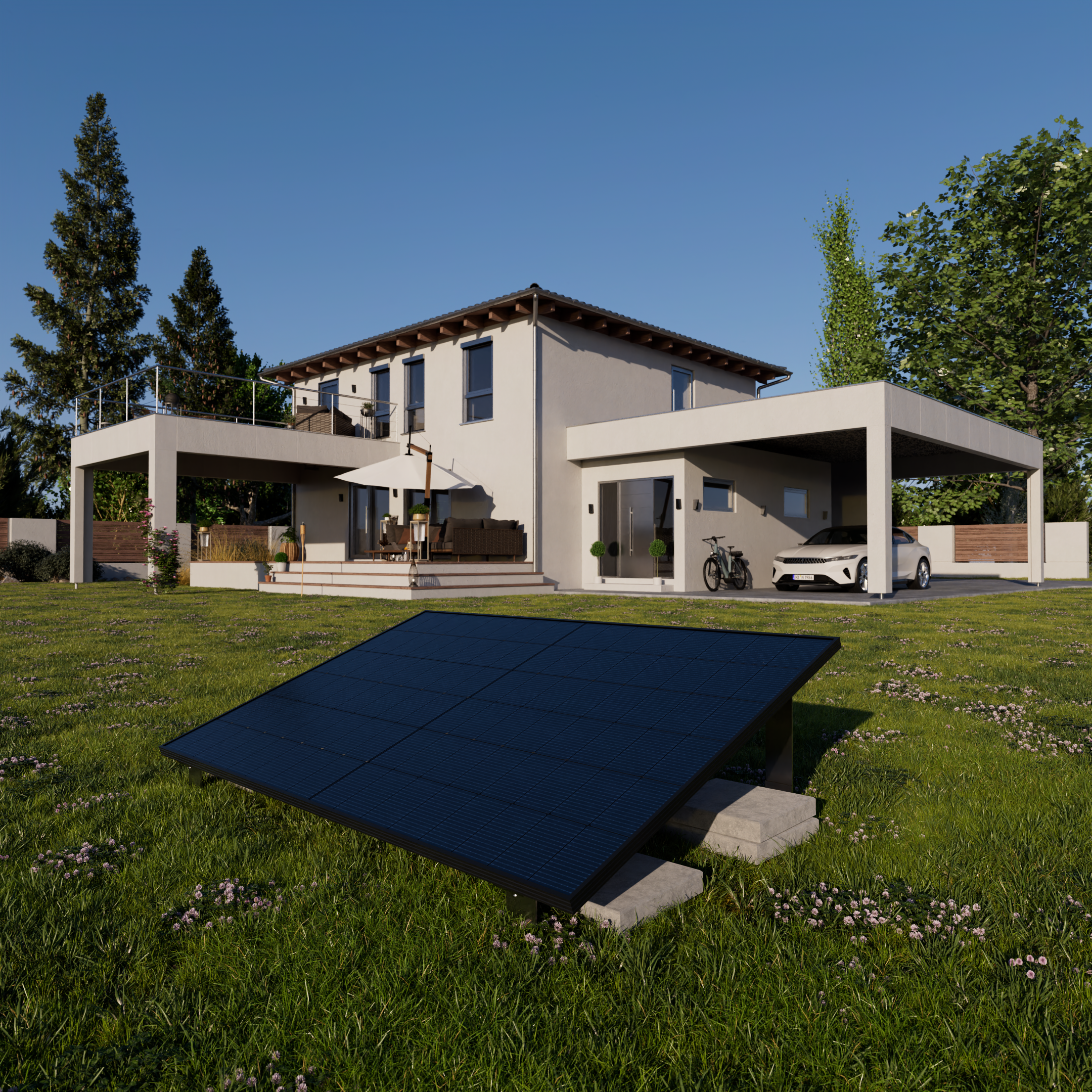 Ein modernes Haus mit Carport, Auto, Fahrrad und Solarmodulen im Garten.