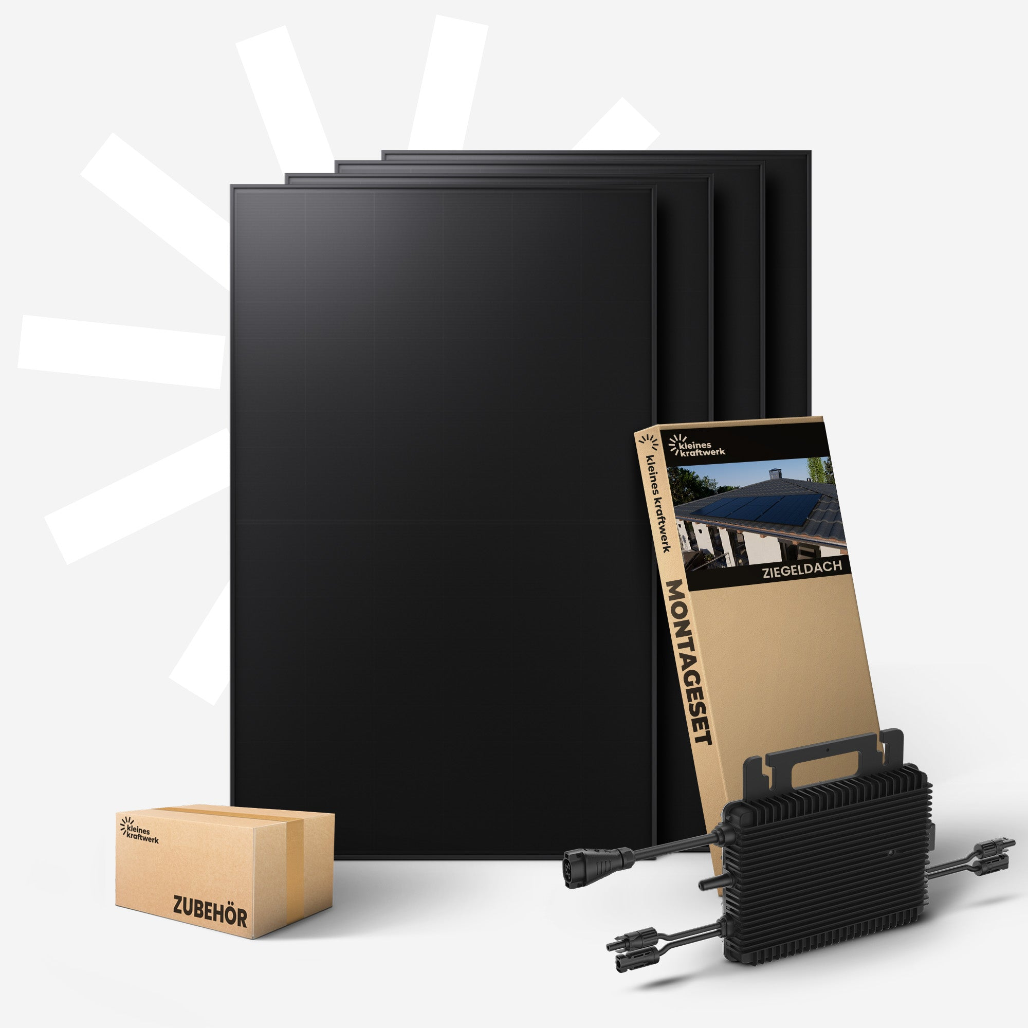 Schwarze Solarmodule, ein Karton mit der Aufschrift „Zubehor“ und ein schwarzer Wechselrichter.