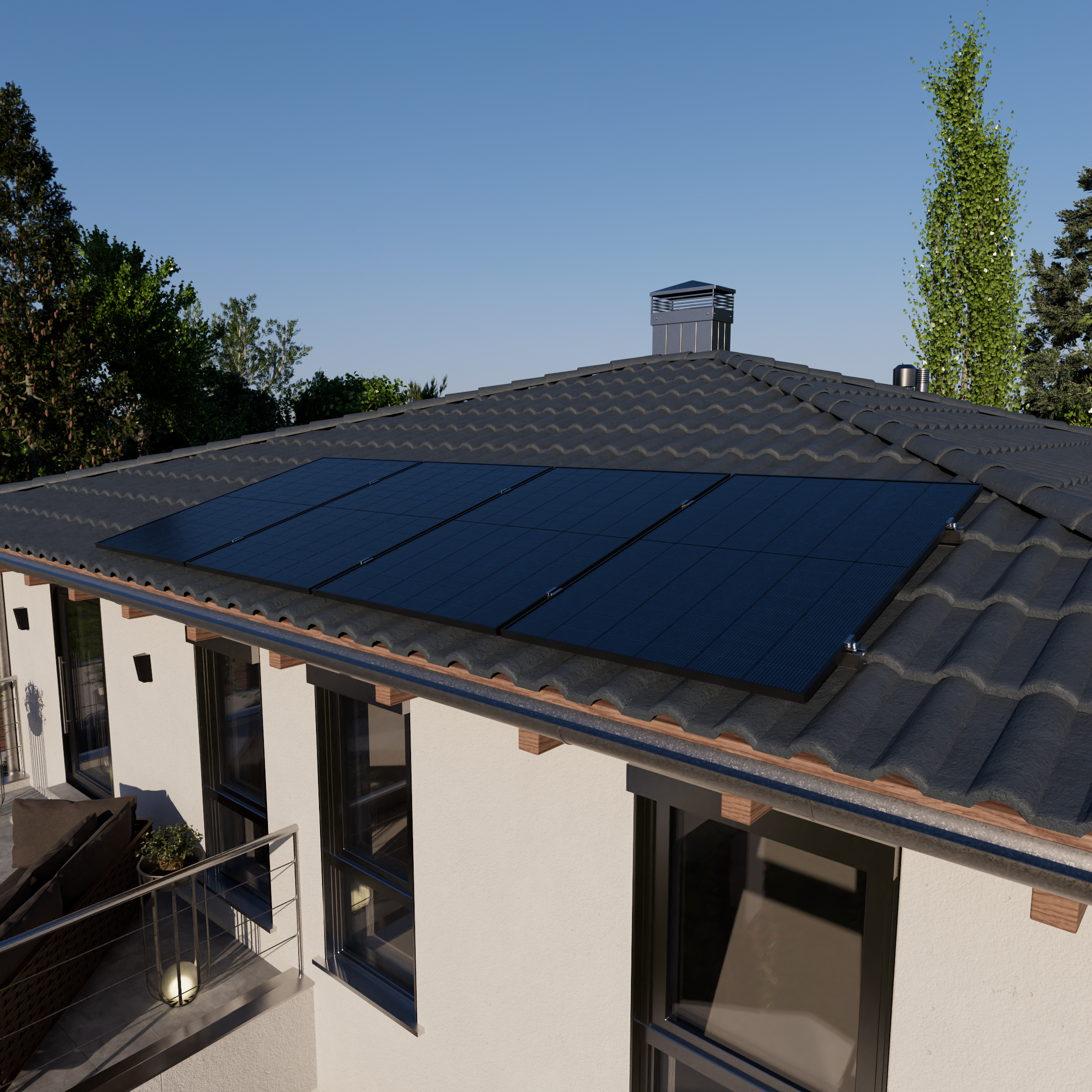 Dach mit Solarmodulen, Schornstein und Bäumen.
