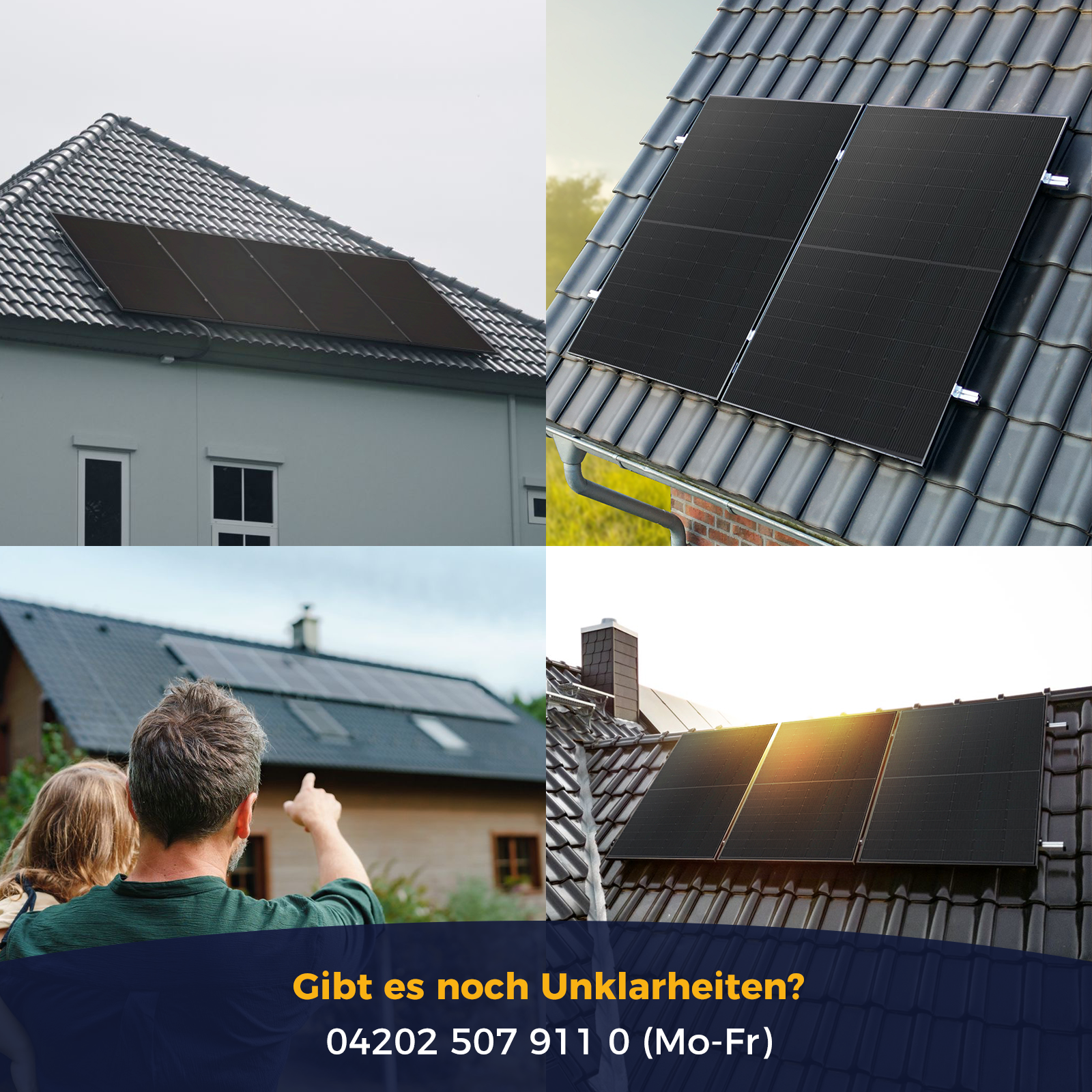 Collage von Häusern mit Solarmodulen auf Dächern, tagsüber, einige mit Personen.