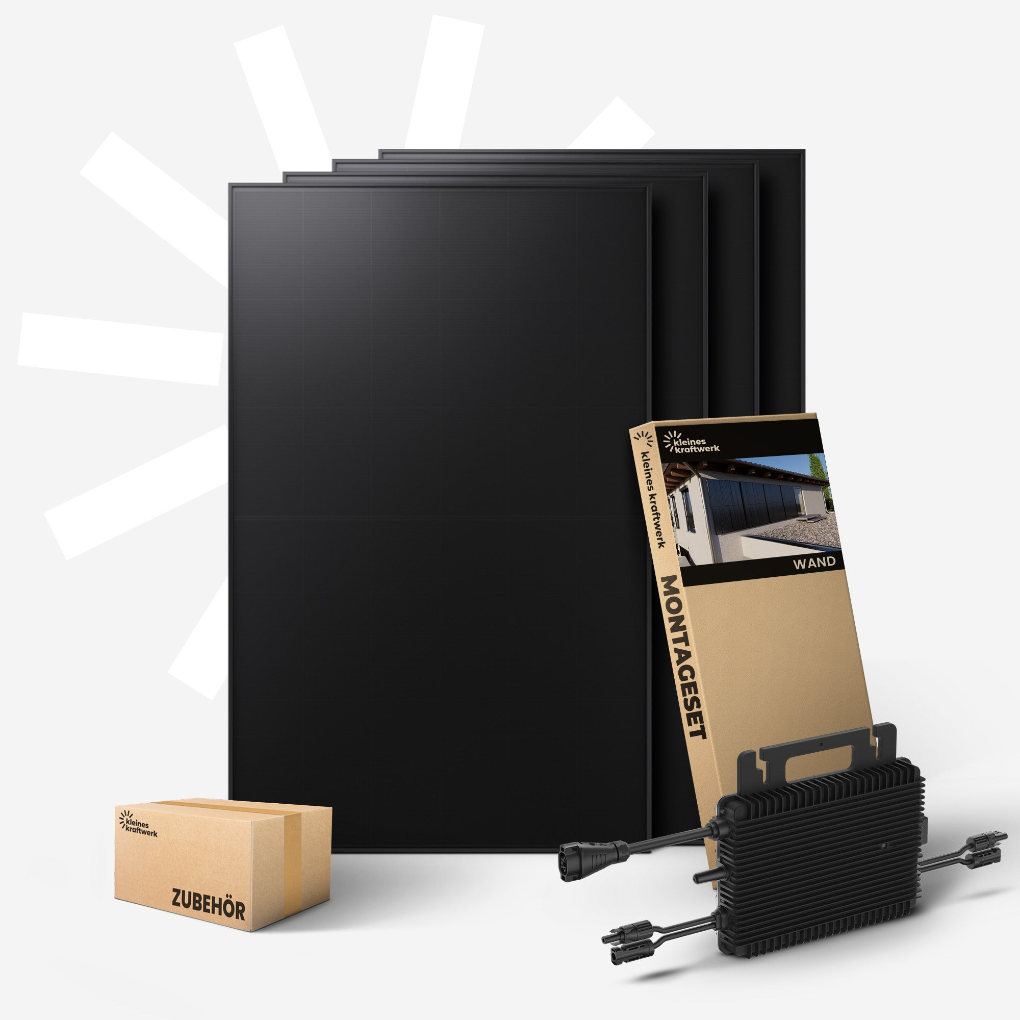 Schwarze Solarmodule, Montagebox, Zubehörkarton und Wechselrichter auf weißem Grund.