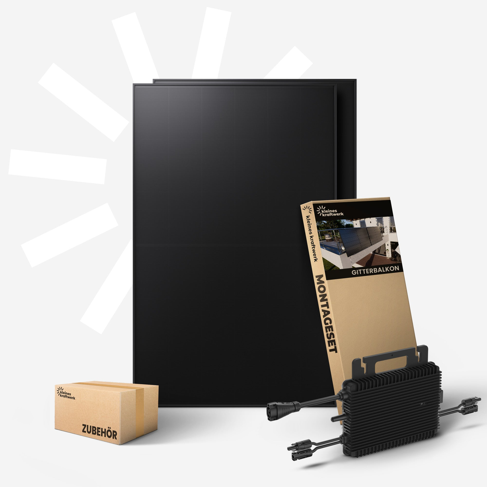 Zwei schwarze Solarmodule, ein Karton mit 