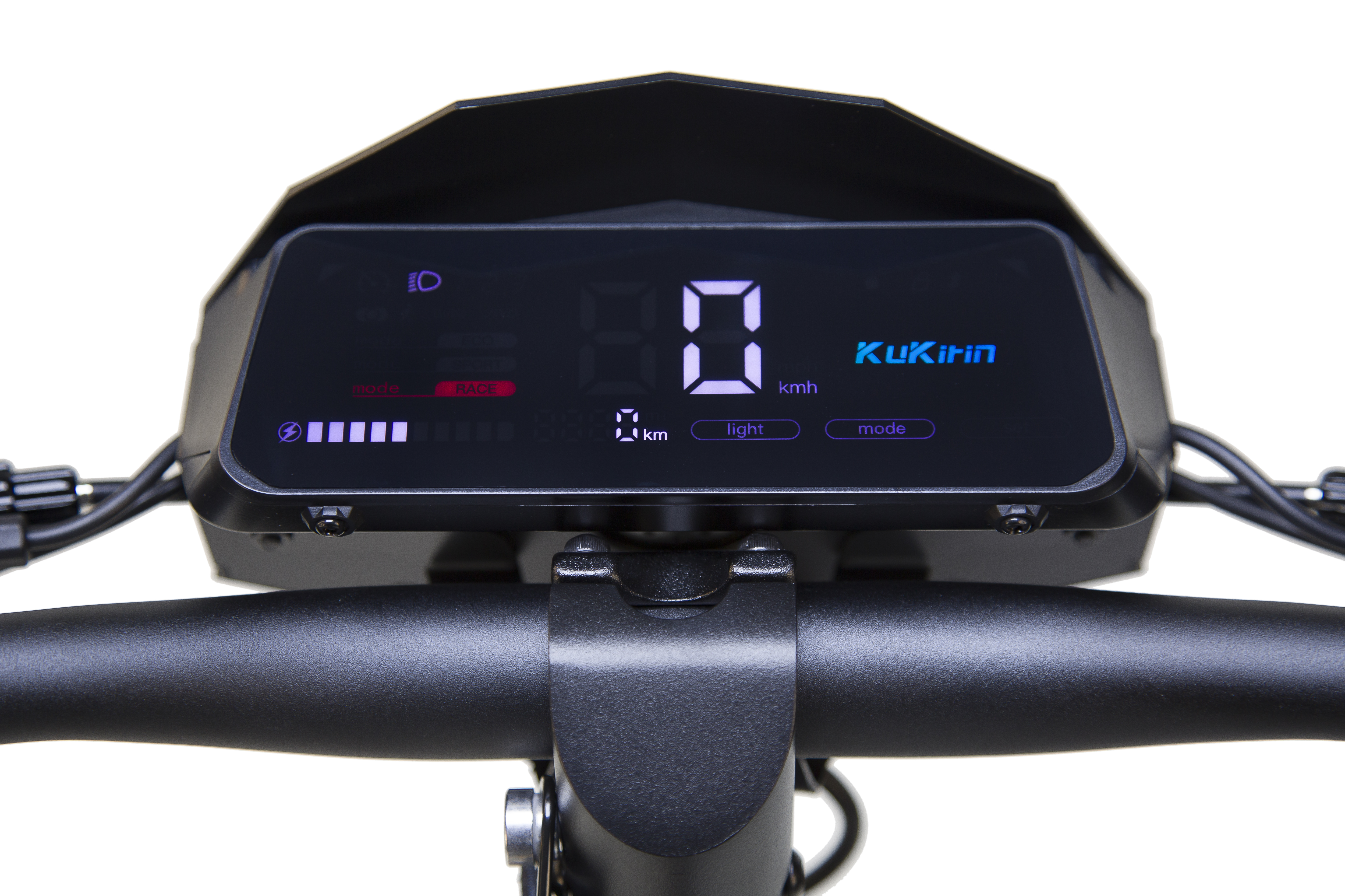 Pantalla de patinete eléctrico mostrando 0 km/h, nivel de batería y modo.