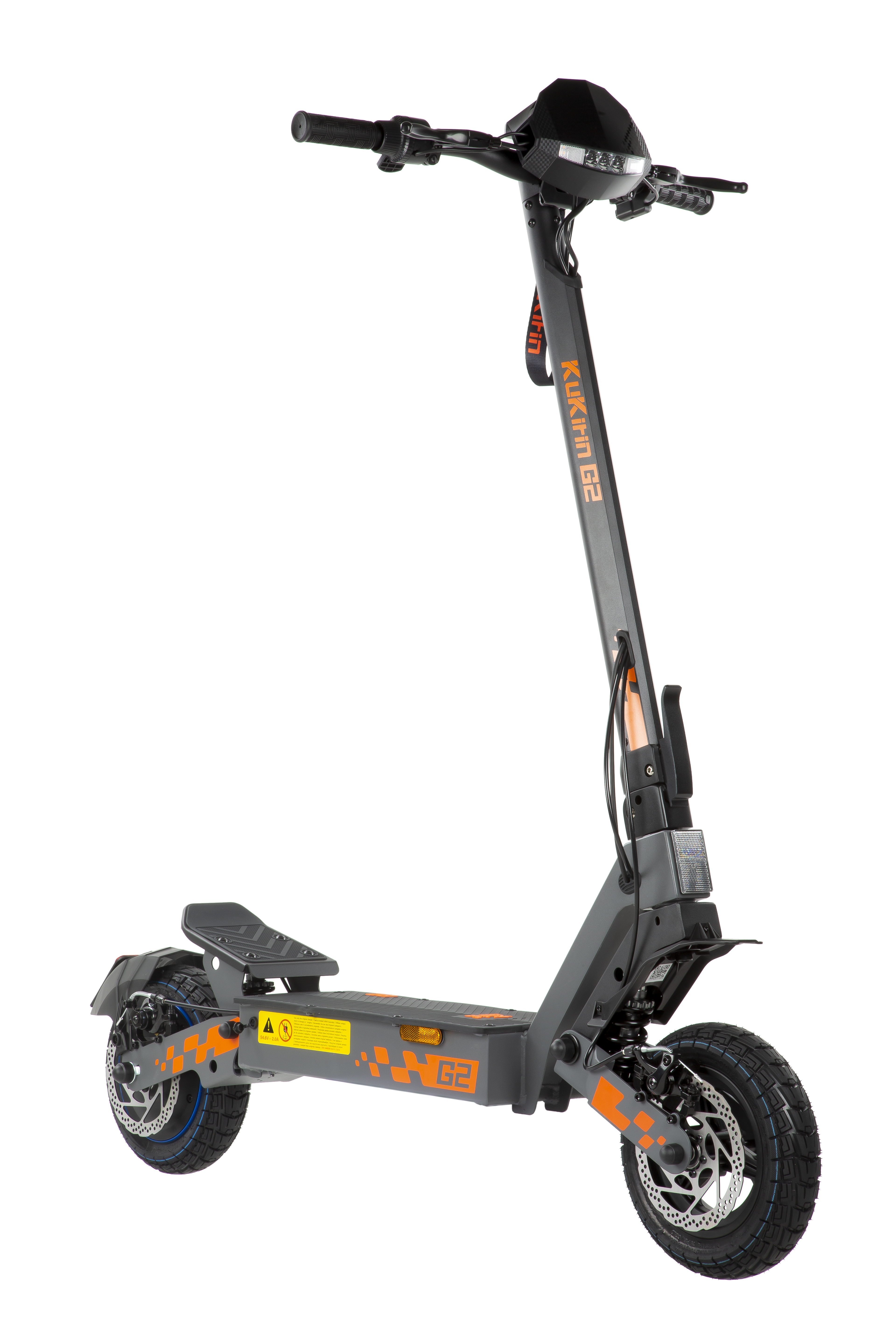Un patinete eléctrico gris con detalles naranjas y faros LED.