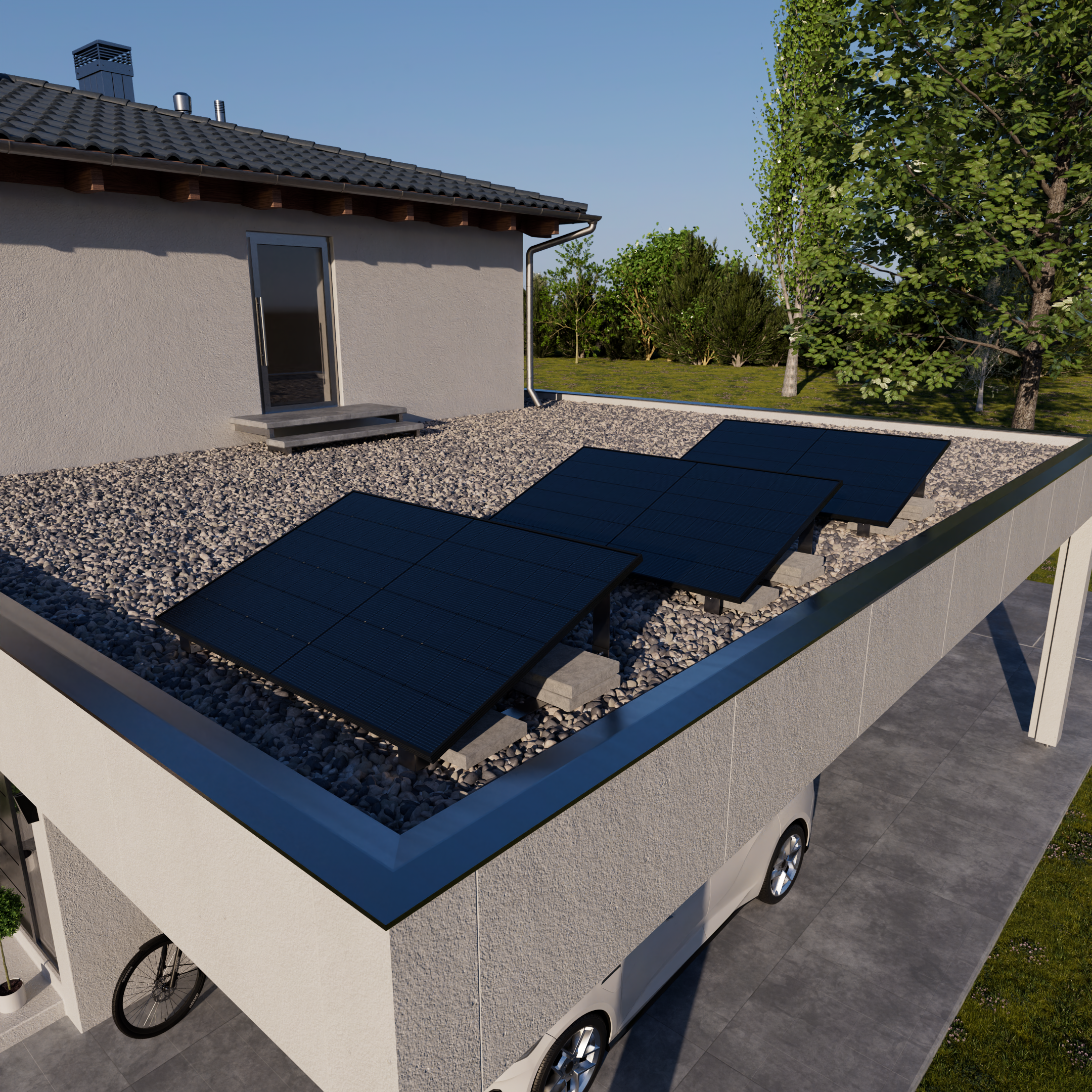 Ein modernes Haus mit Solarmodulen auf dem Kiesdach und einem Carport mit einem Auto.