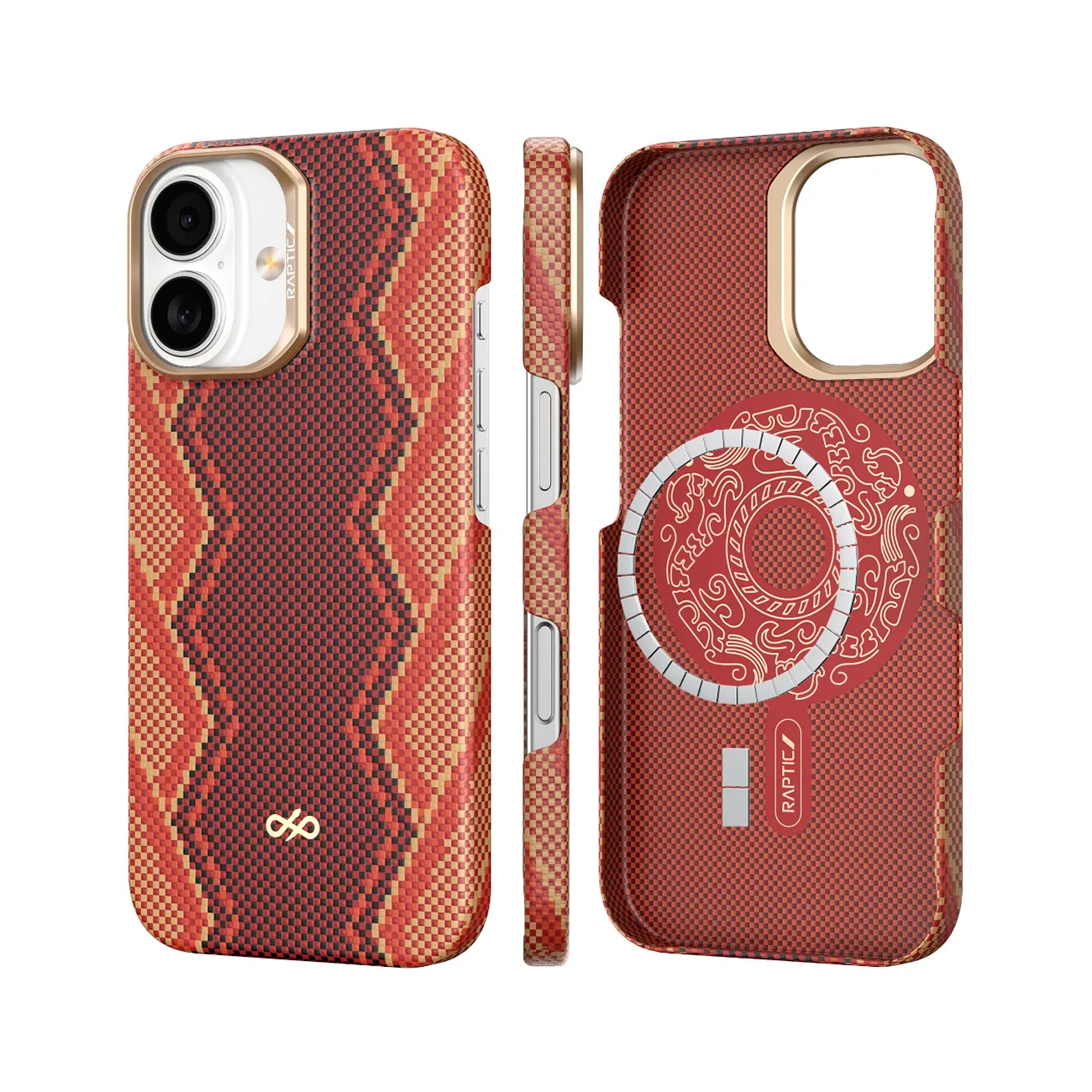 Funda roja para teléfono con patrón geométrico, recorte de cámara y anillo MagSafe.