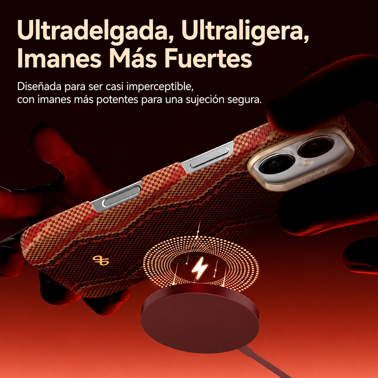 Una funda de teléfono roja y dorada con carga magnética. Vista cercana.