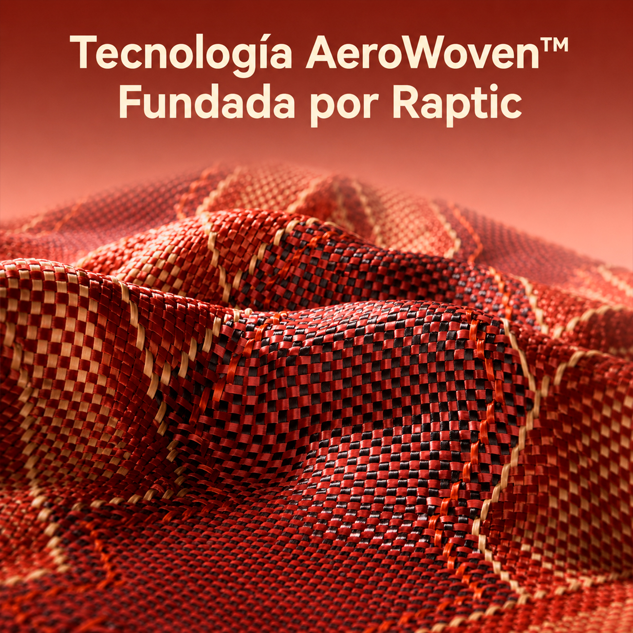 Material tejido rojo y negro con patrón ondulado. Texto arriba.