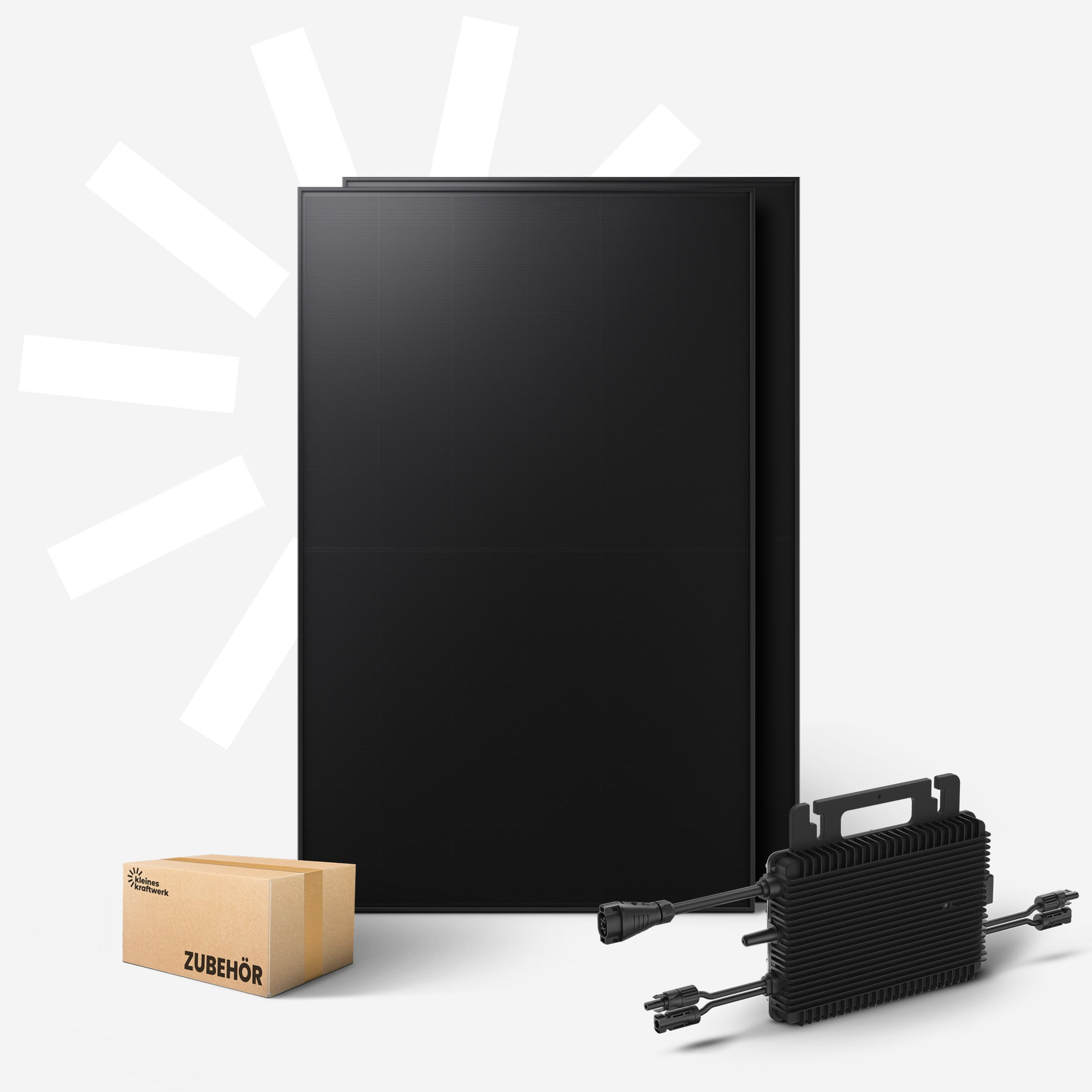 Zwei schwarze Solarmodule, ein Zubehörkarton und ein schwarzer Wechselrichter mit Kabeln.
