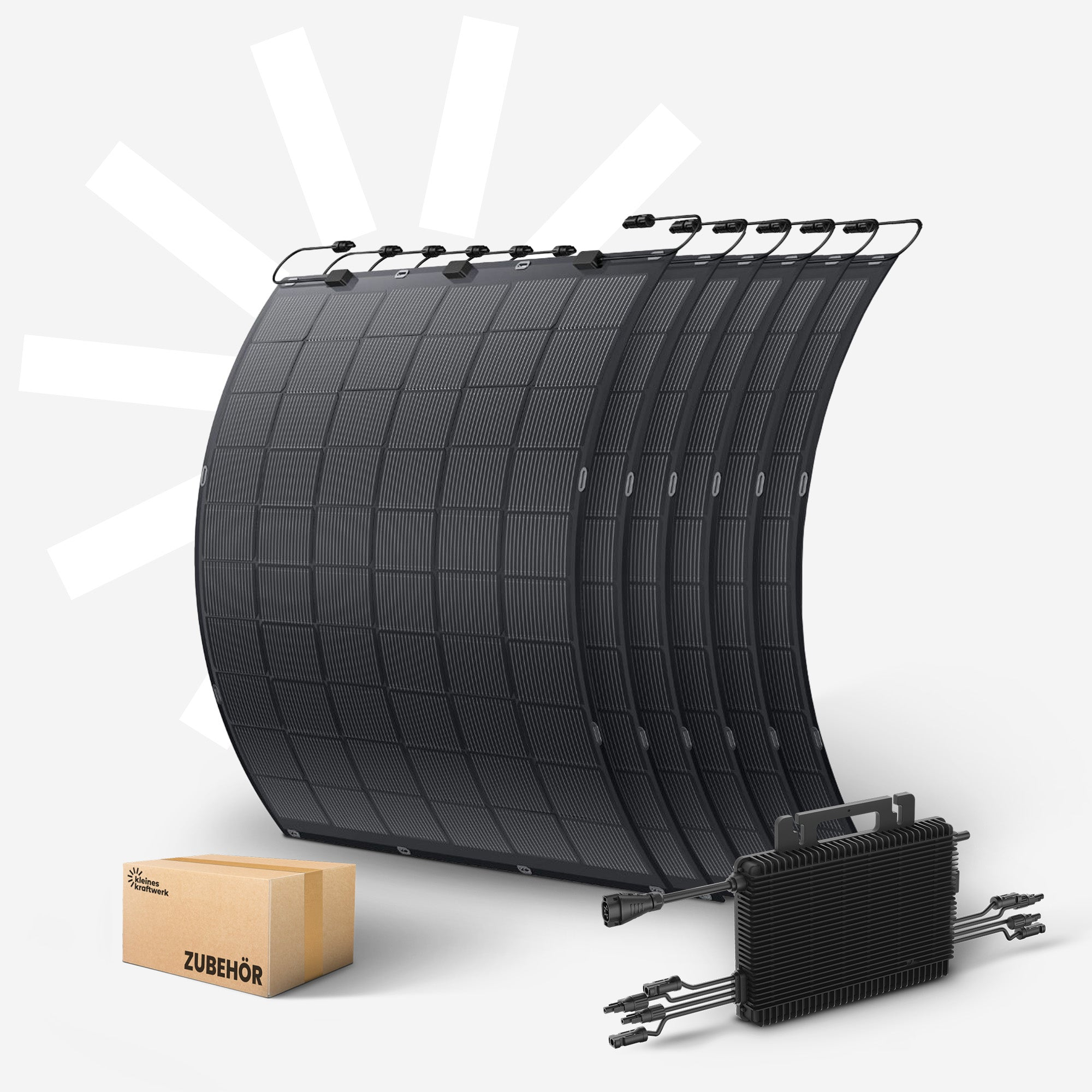 Eine gebogene Solarmatte mit Zubehör: Karton, Kabel und schwarzer Kasten.
