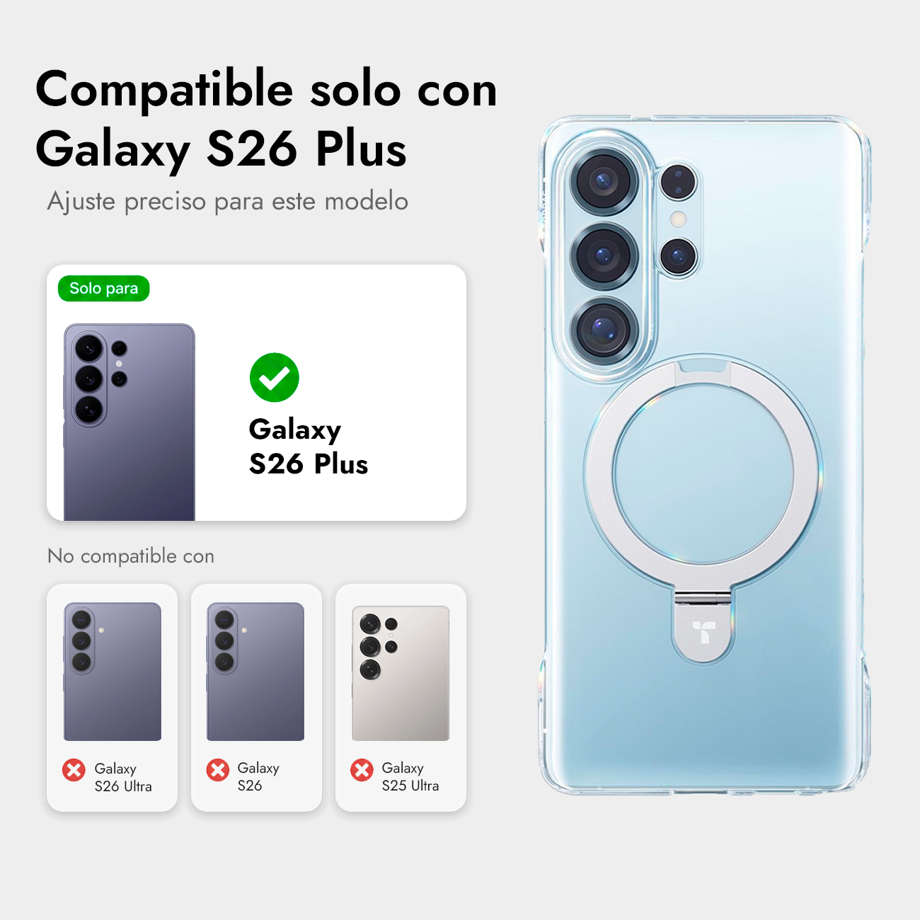 Funda transparente para Galaxy S26 Plus con soporte de anillo, muestra compatibilidad.