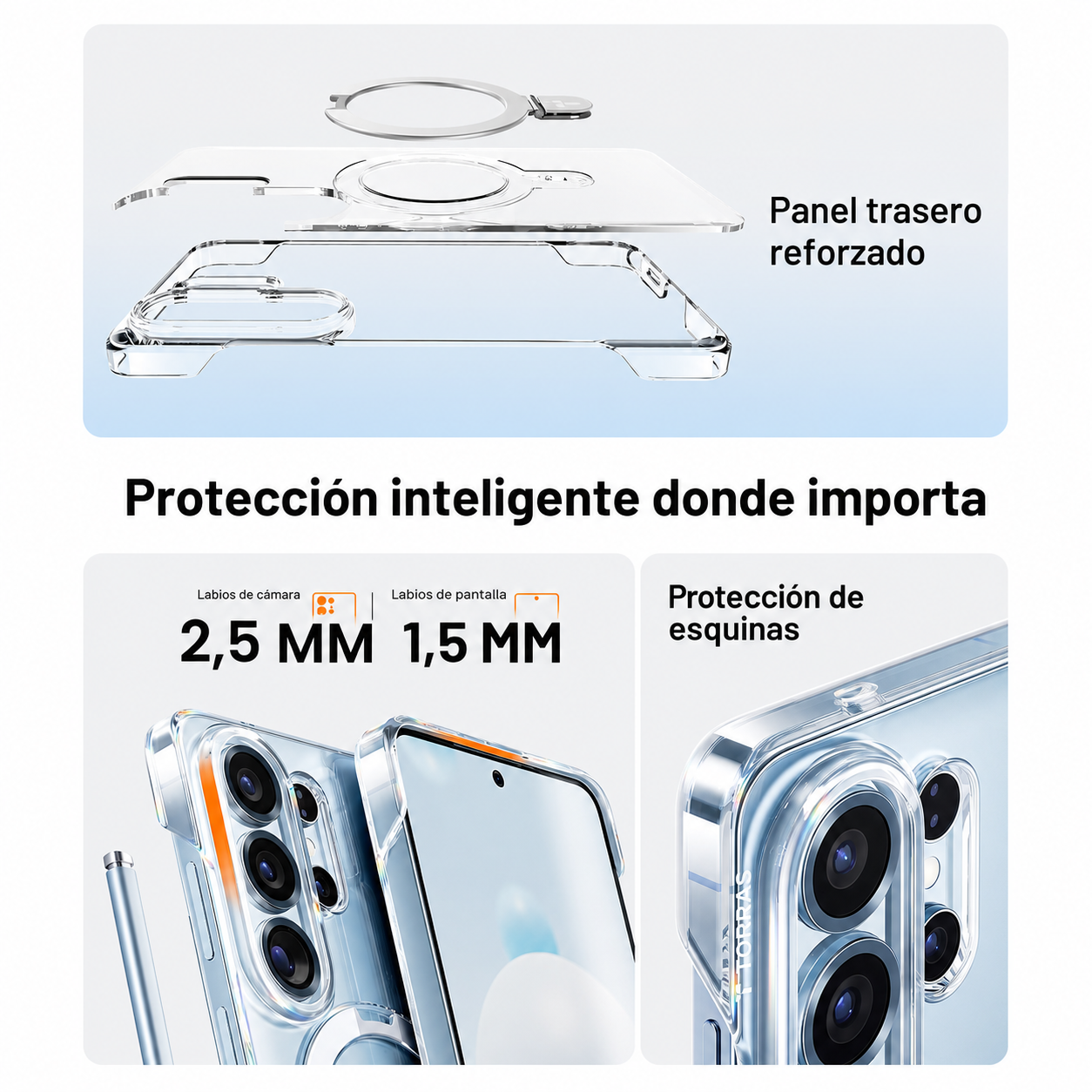 Funda transparente para móvil con trasera reforzada, protección cámara y pantalla.