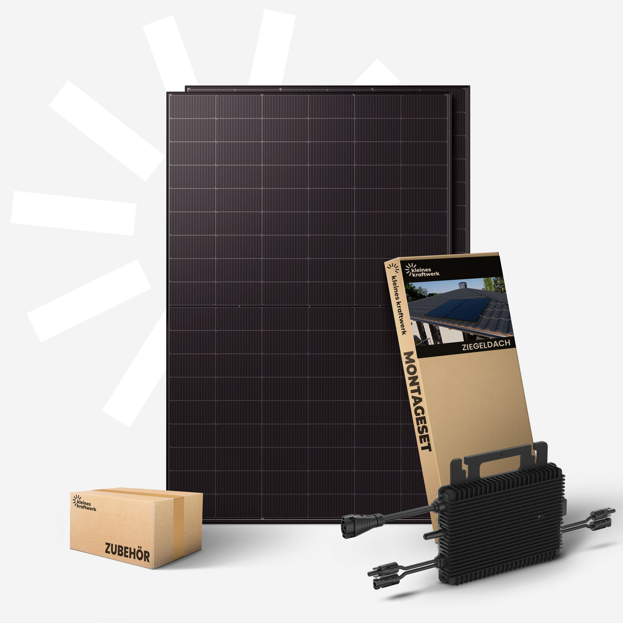 Solarpanel, Montagebox, Zubehörbox und Wechselrichter auf grauem Hintergrund.