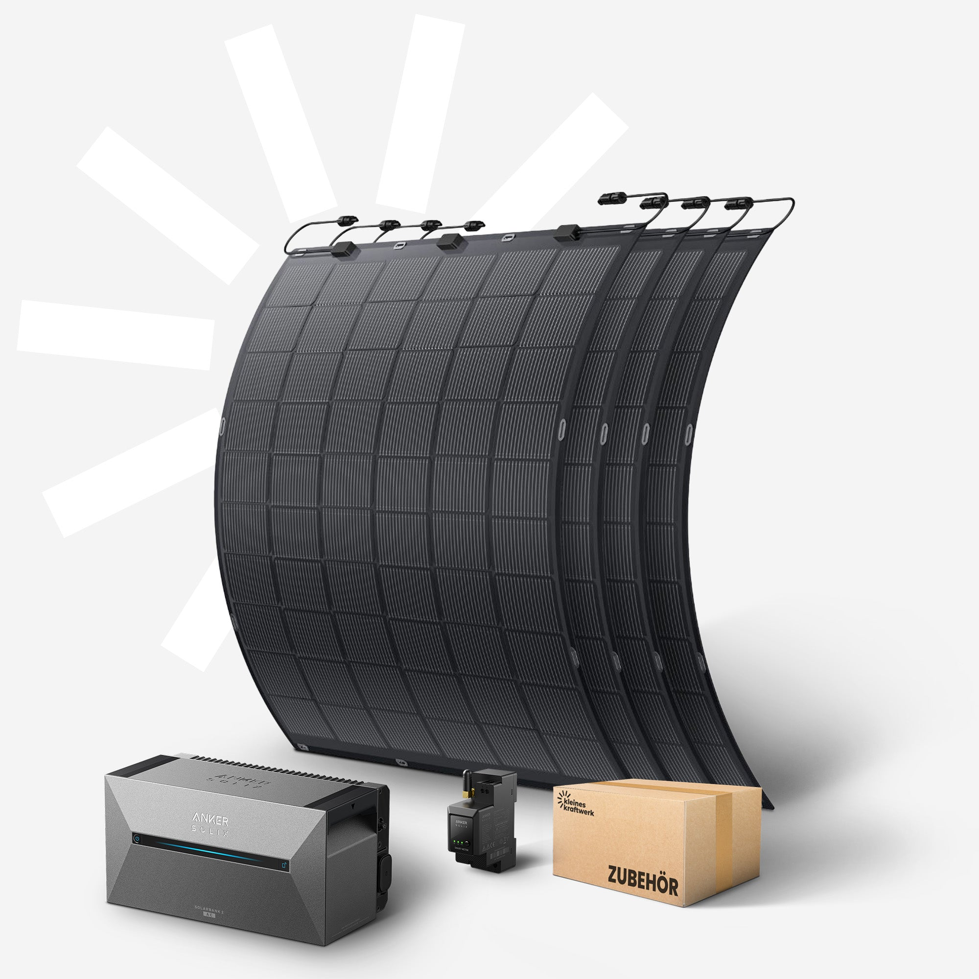 Solarmodule, ein Anker Solbank 2 und ein Zubehörkarton.