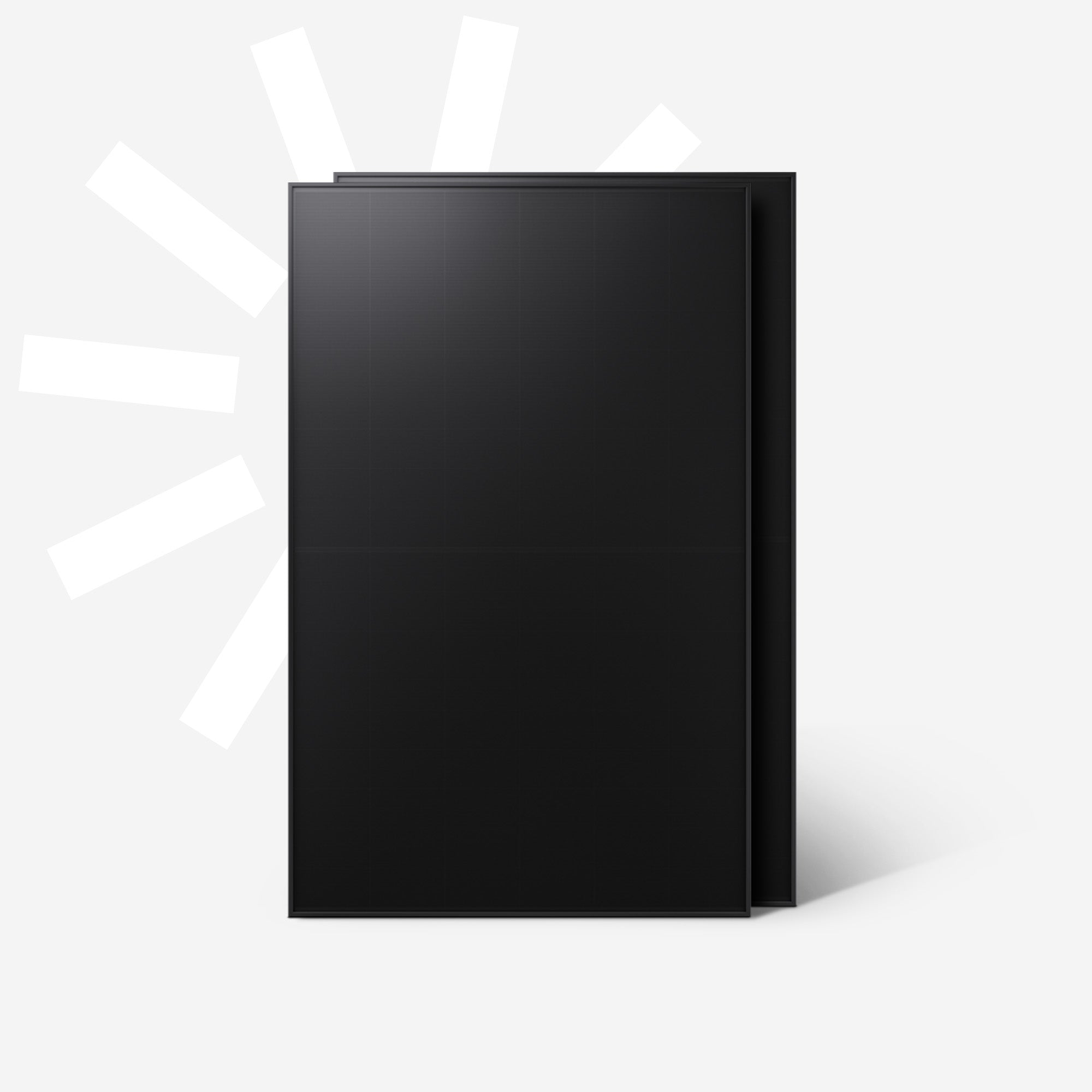 Zwei schwarze Solarmodule mit weißem Hintergrund und weißen Balken.