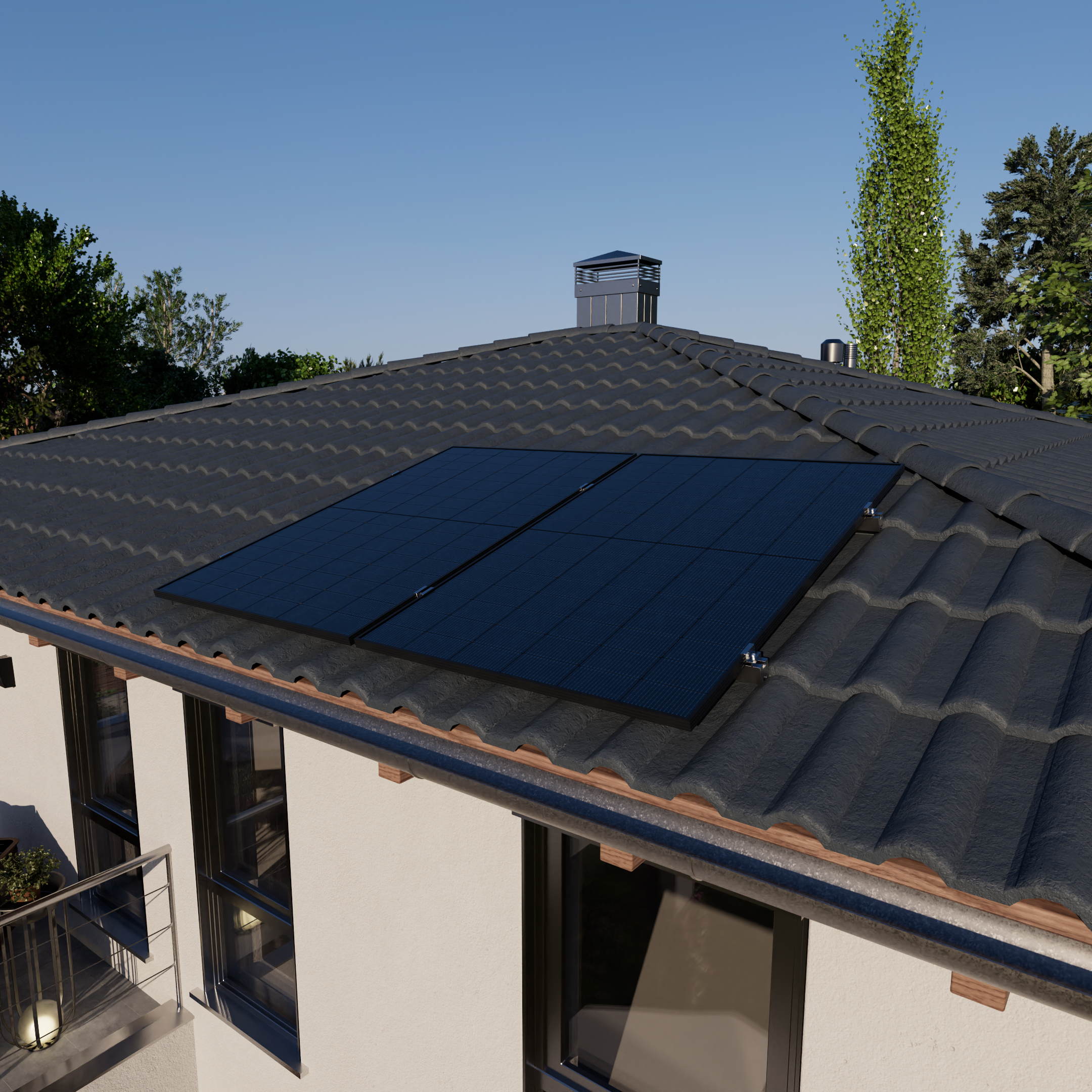 Dunkle Solarmodule auf einem grauen Ziegeldach mit Schornstein und Bäumen im Hintergrund.