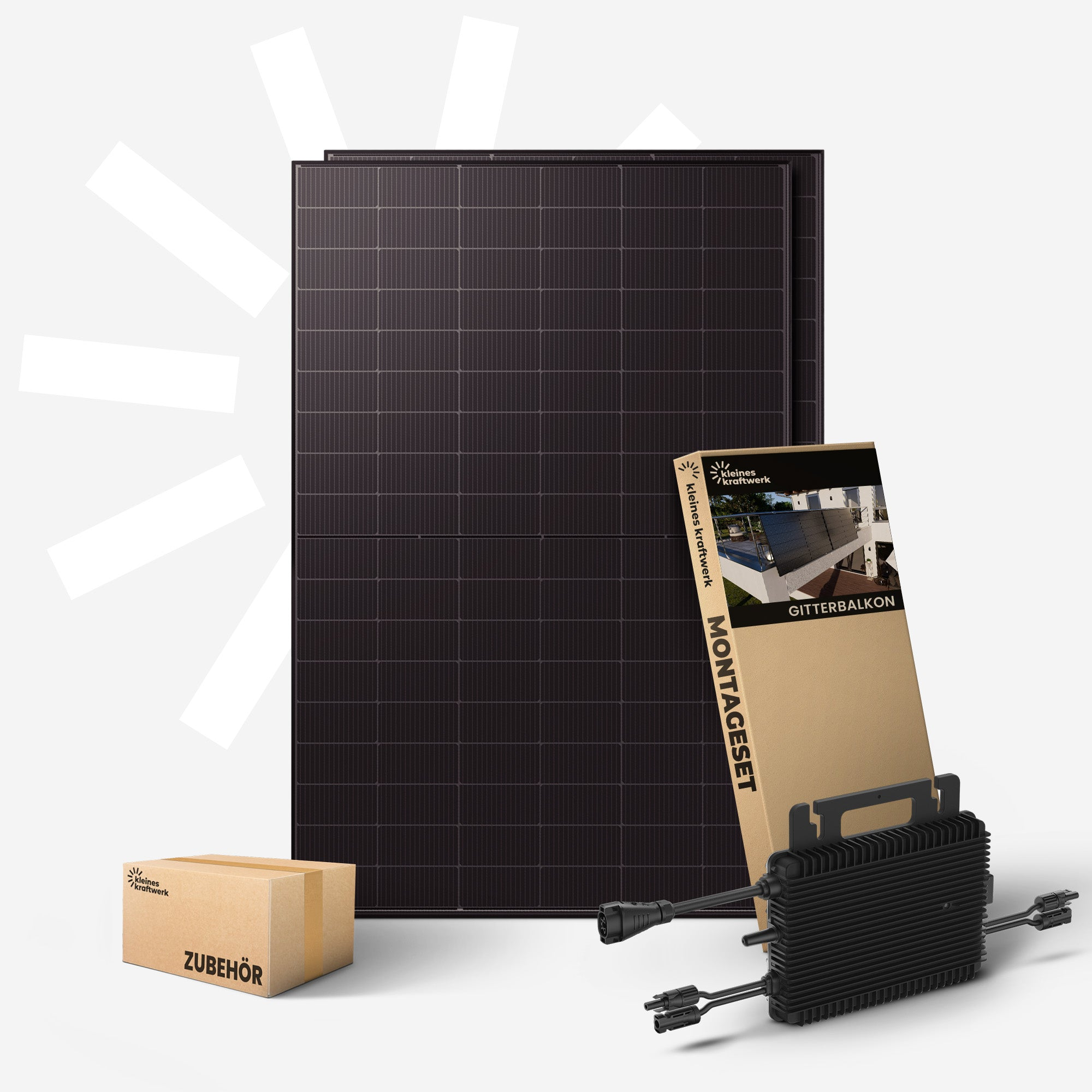 Dunkle Solarmodule, Zubehörbox, Montageanleitung und Wechselrichter.