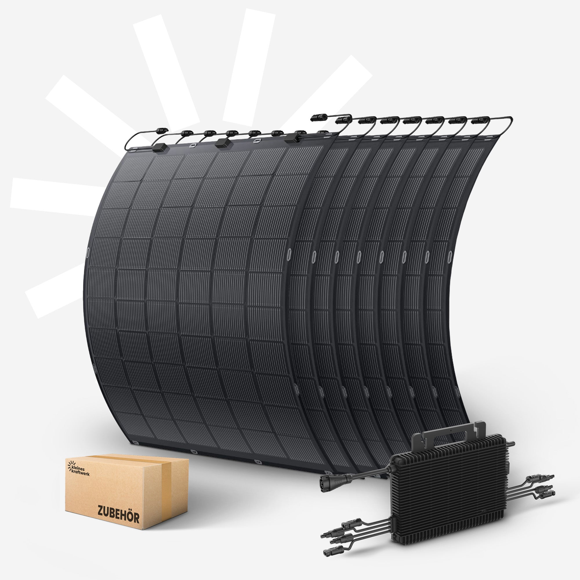 Drei schwarze Solarmodule mit Kabeln, eine Box und ein schwarzes Gerät.