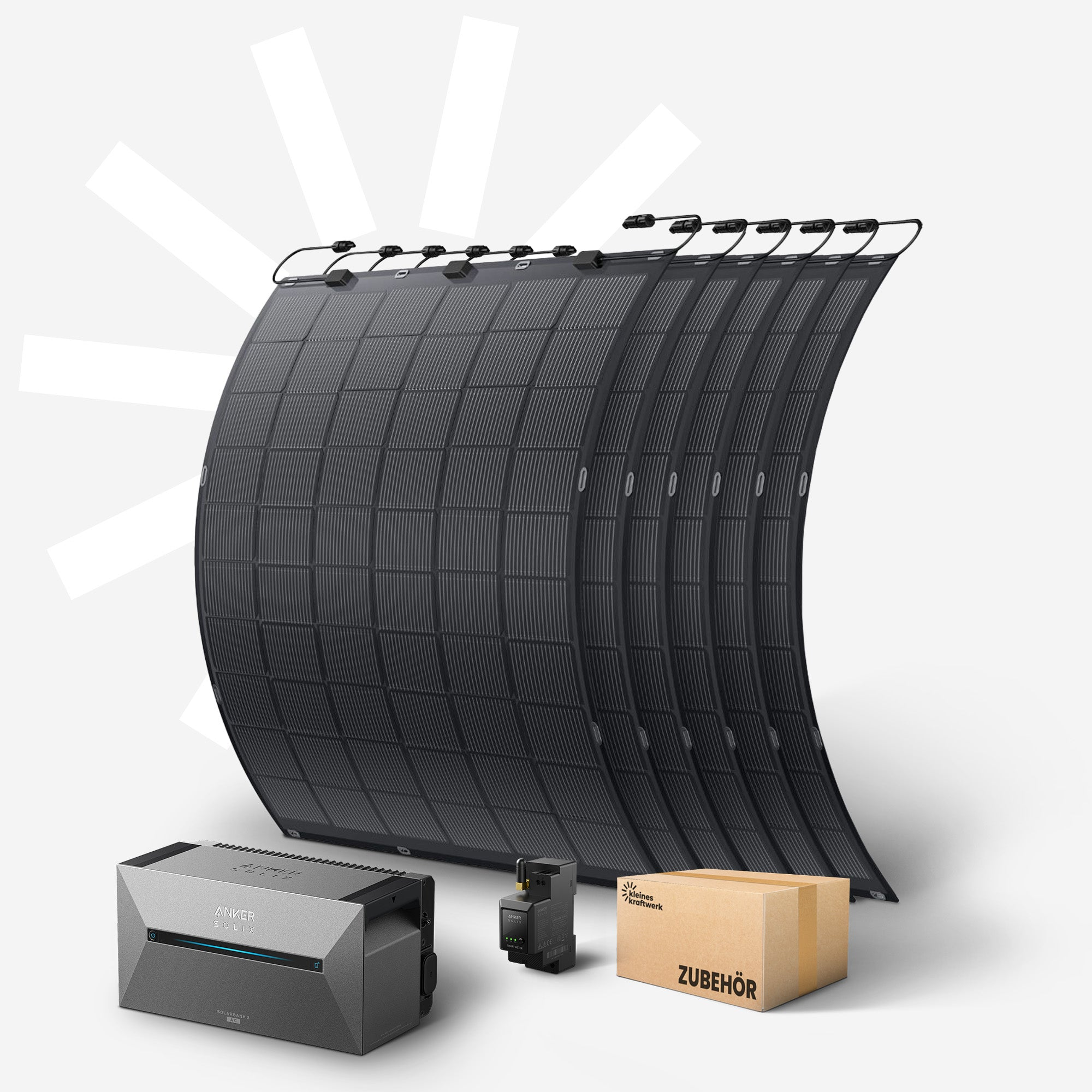 Gekrümmte schwarze Solarmodule mit Anker Powerbank, Smart Meter und Zubehörbox.