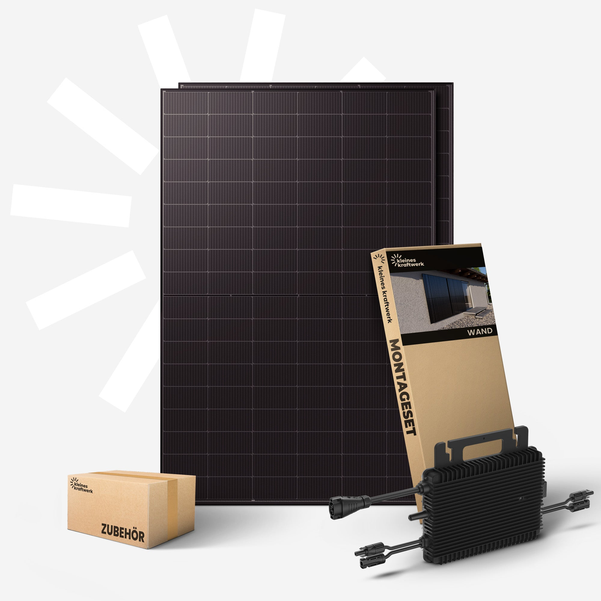 Solarmodule, Montagebox, Zubehörkarton und Wechselrichter auf weißem Hintergrund.
