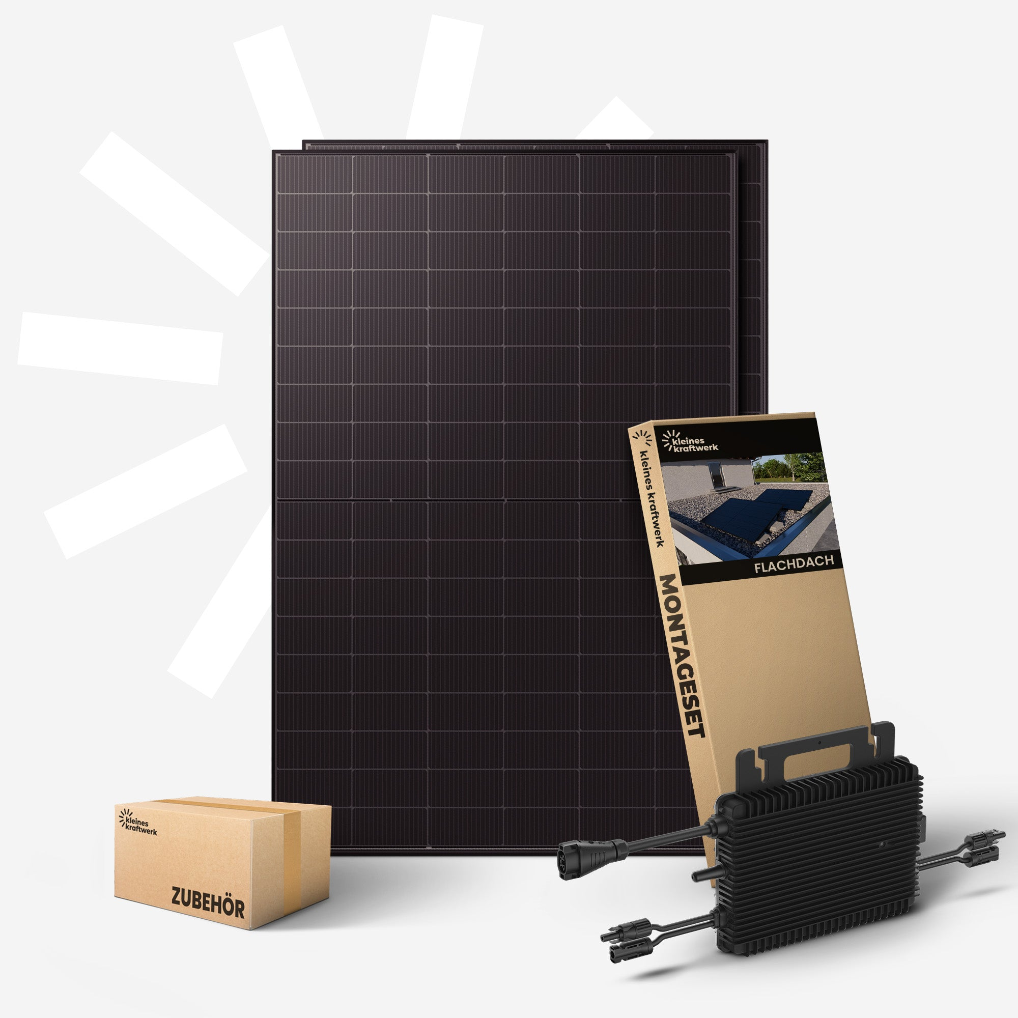 Drei Solarmodule, ein Montageset, Zubehörbox und ein Wechselrichter.