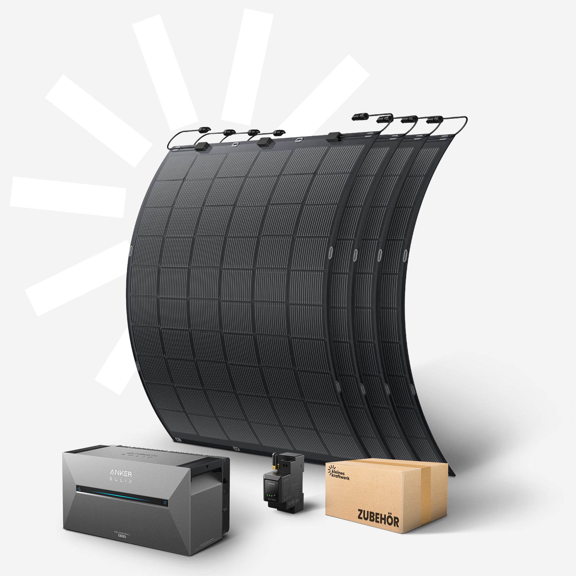 Grauer Anker Solix Solar-Akku, Smart Meter und Karton "Zubehör" neben Solarmodulen.