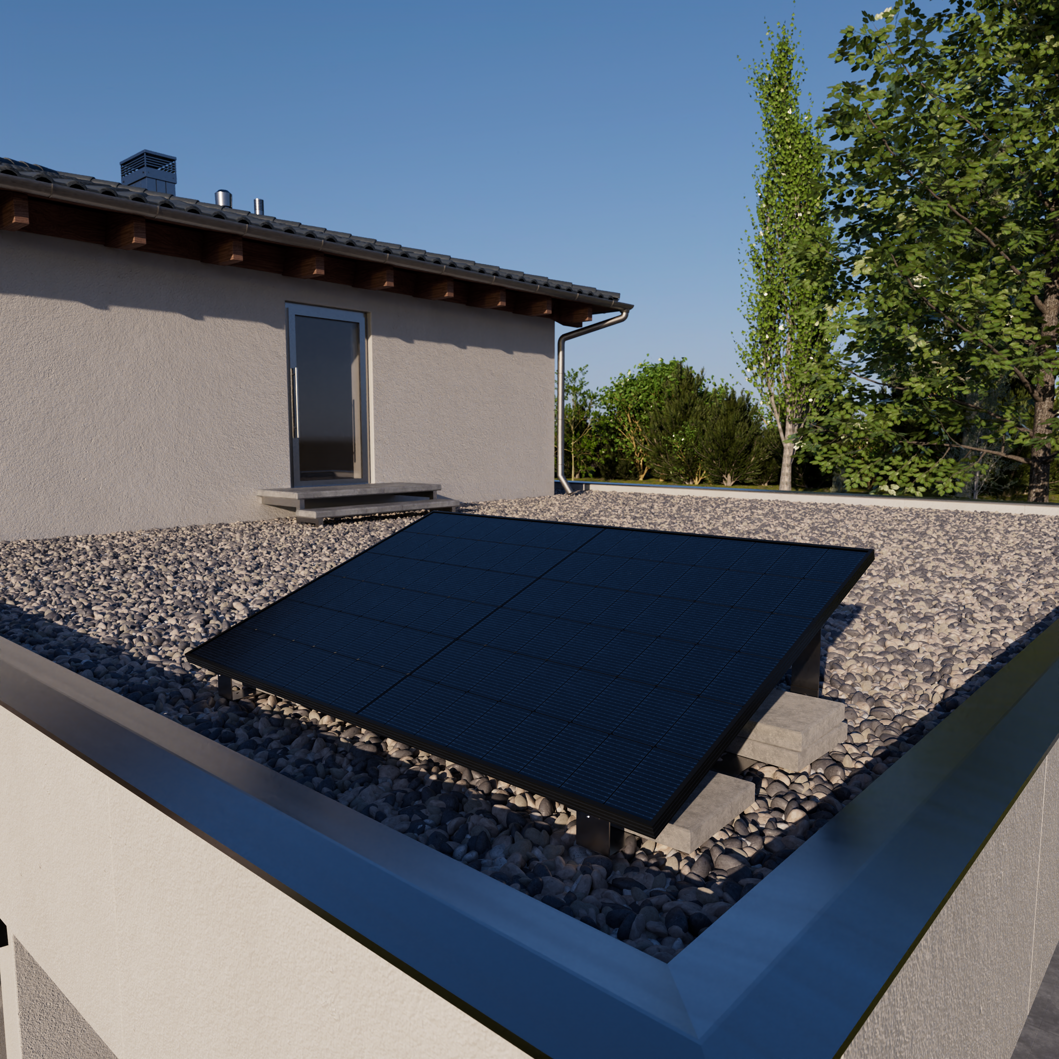 Dach mit Solarmodulen, Kies und Bäumen unter klarem Himmel.