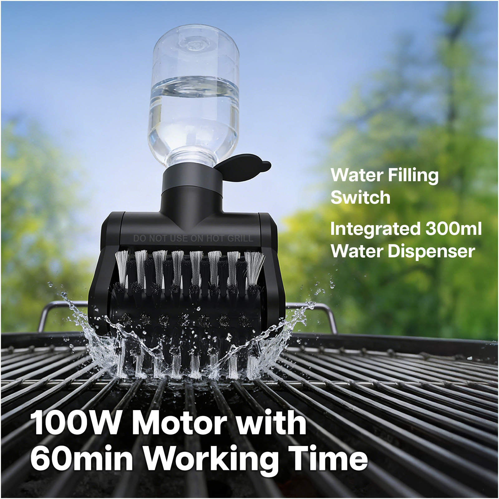 Grillbürste mit integriertem 300ml Wasserspender und 100W Motor.