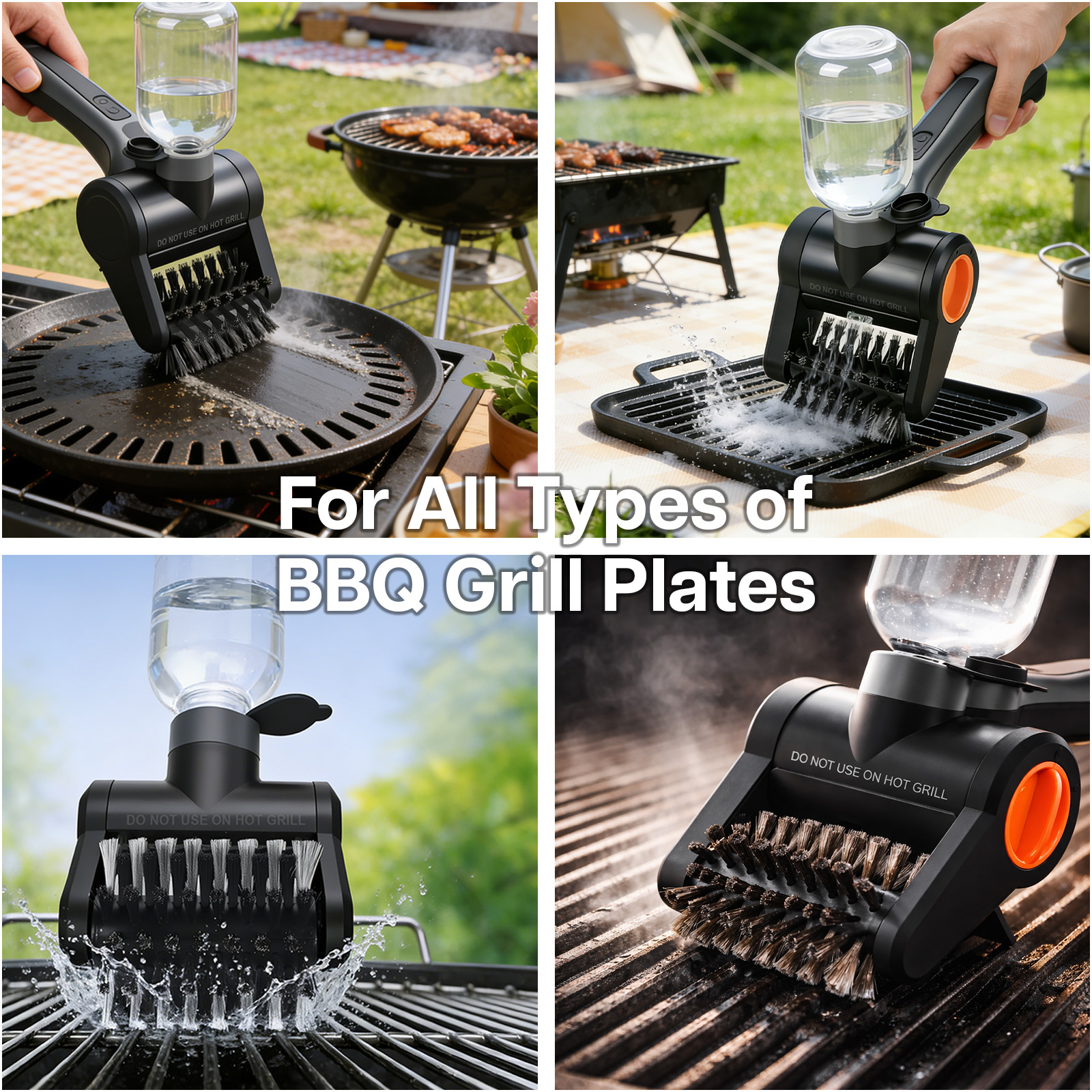 Grillreinigungsbürste mit Wassertank reinigt Grillroste und Platten im Freien.
