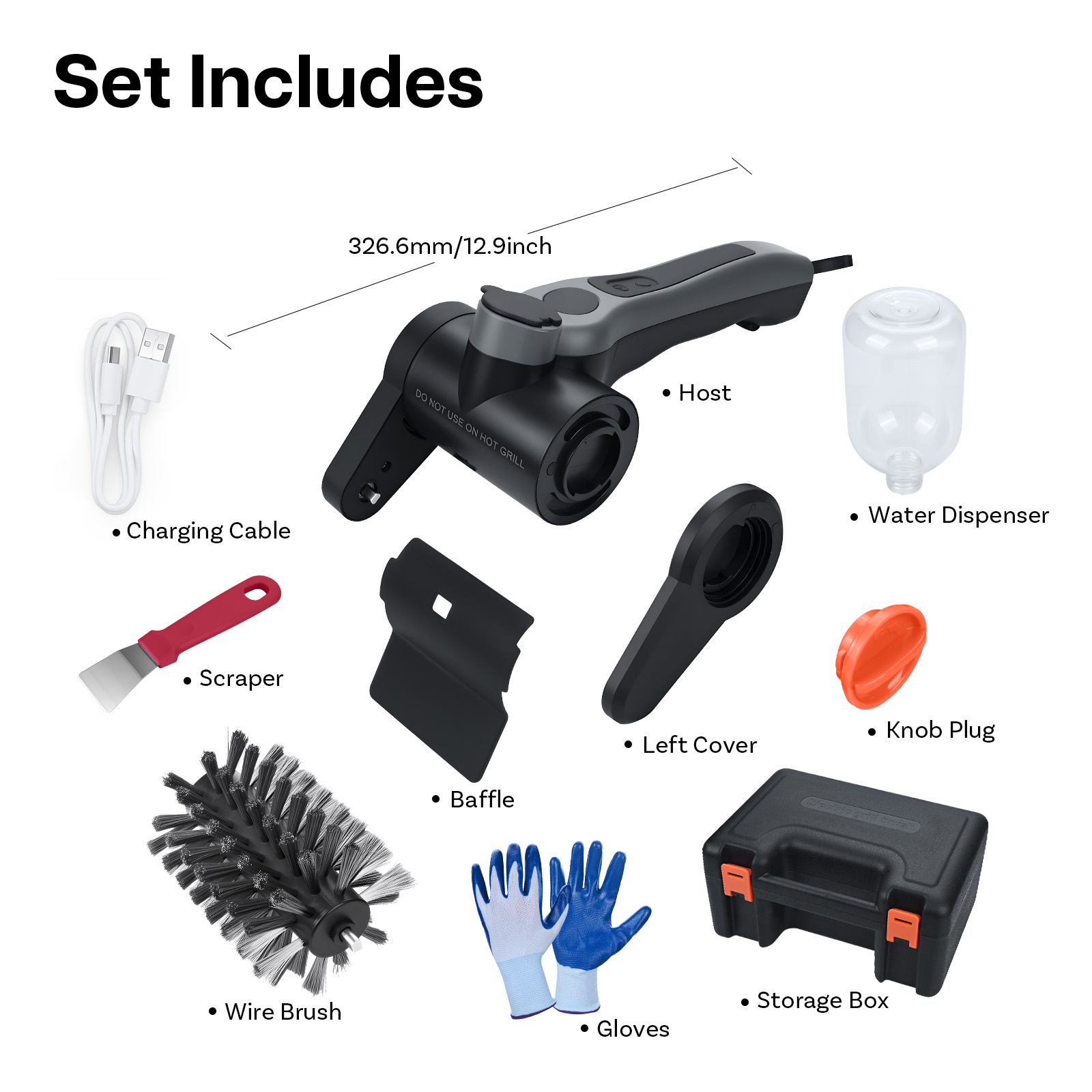 Das Set enthält einen Host, ein Ladekabel, einen Wasserbehälter, einen Schaber, einen linken Deckel, einen Knopfstopfen, eine Schallwand, Handschuhe, eine Drahtbürste und eine Aufbewahrungsbox.